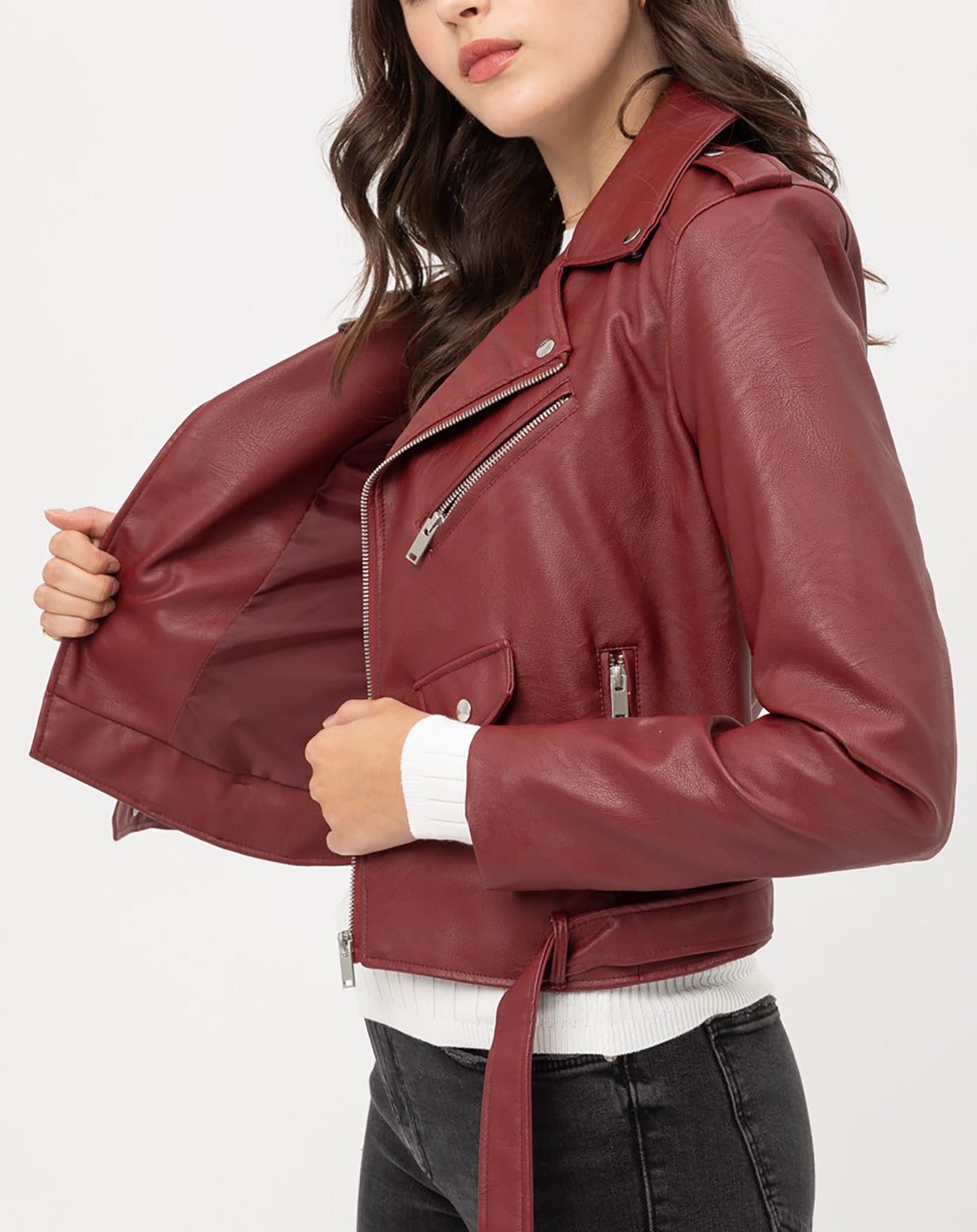 Women’s Faux Leather Moto Jacket - Classic Rider Zip up Belted Cropped Short Bicker Coat Lt8654jh