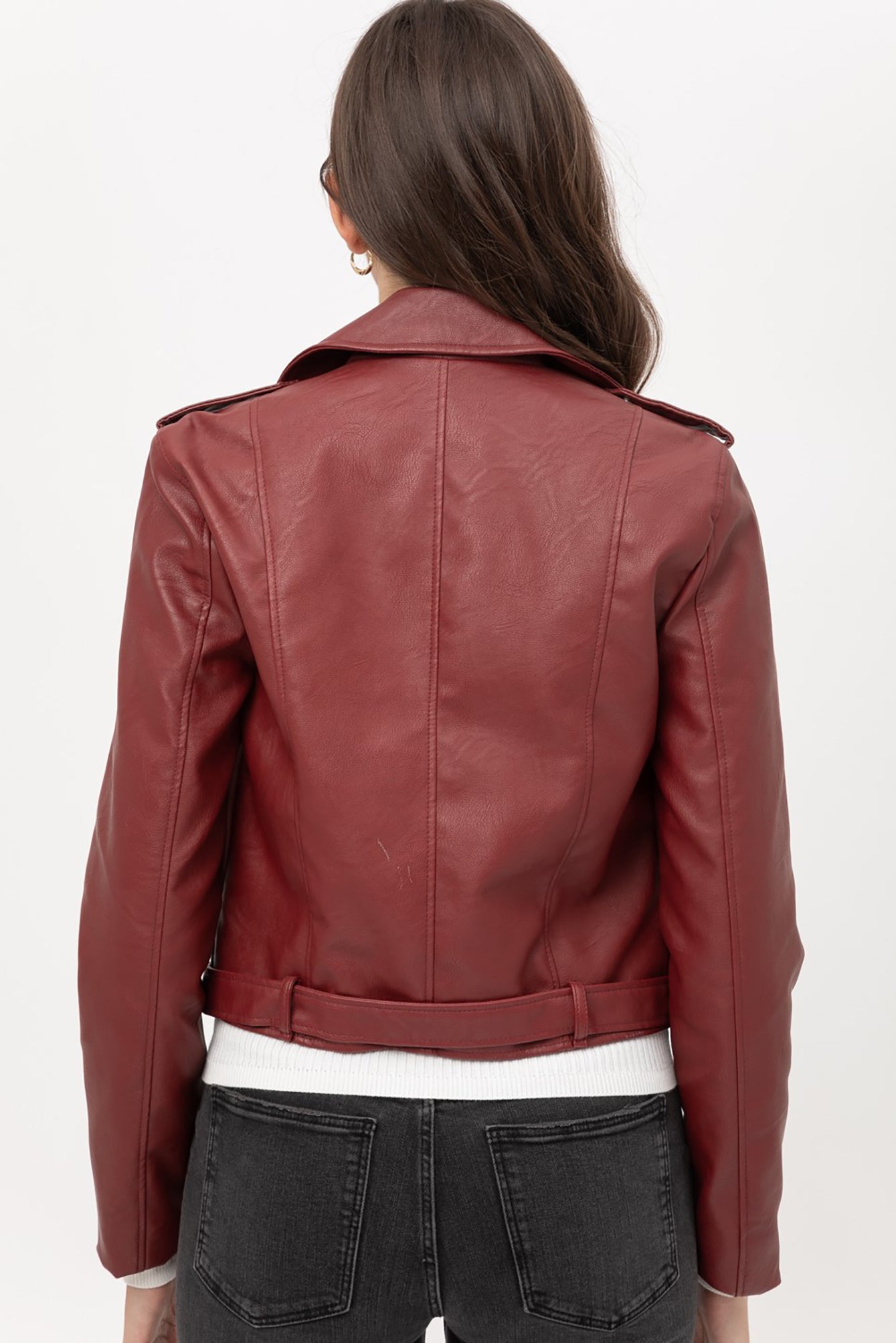 Women’s Faux Leather Moto Jacket - Classic Rider Zip up Belted Cropped Short Bicker Coat Lt8654jh