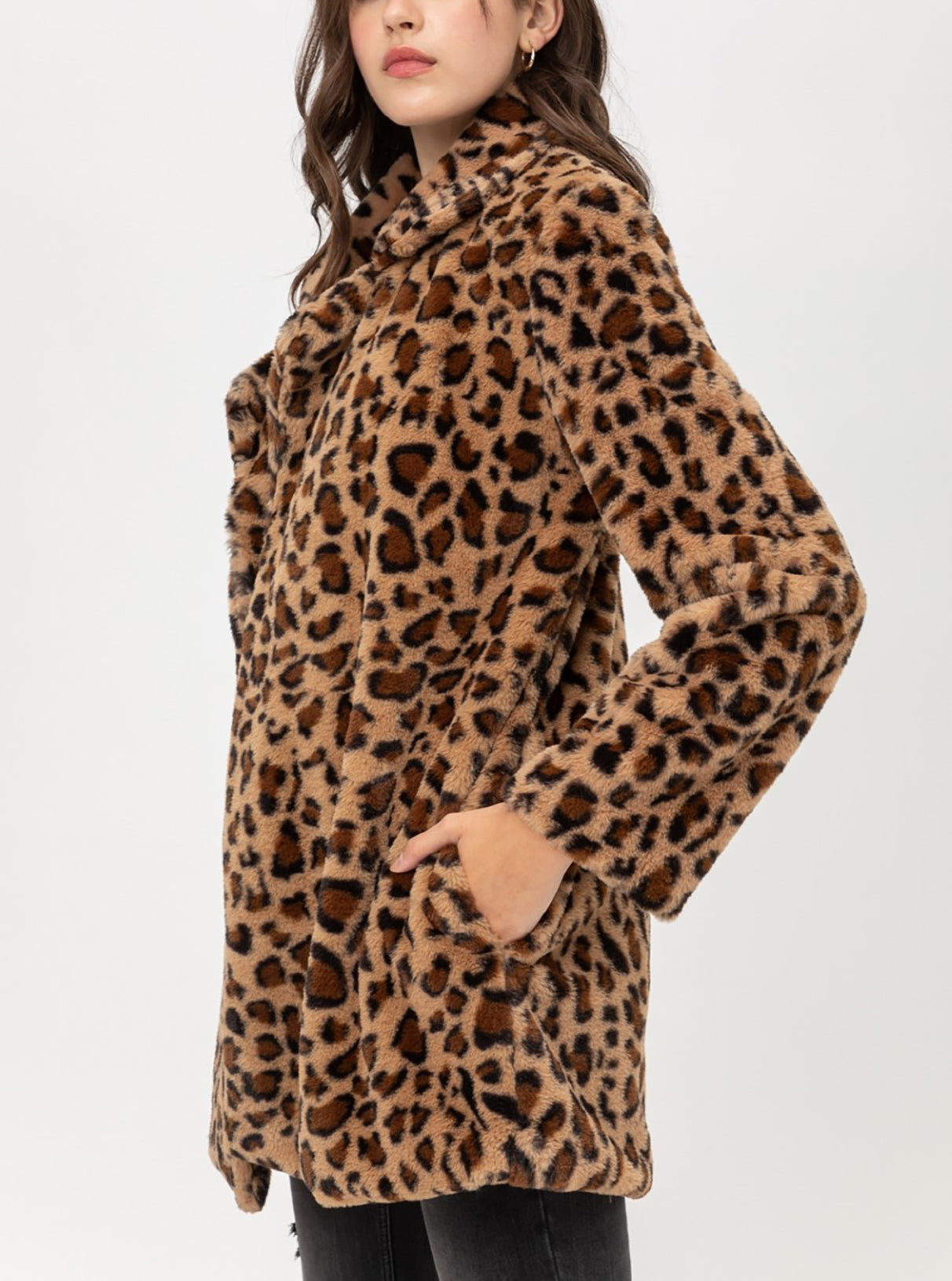 Women’s Faux Fur Open Front Jacket – Leopard Print Notch Collar Faux Fur Teddy Coat Lt8806jc