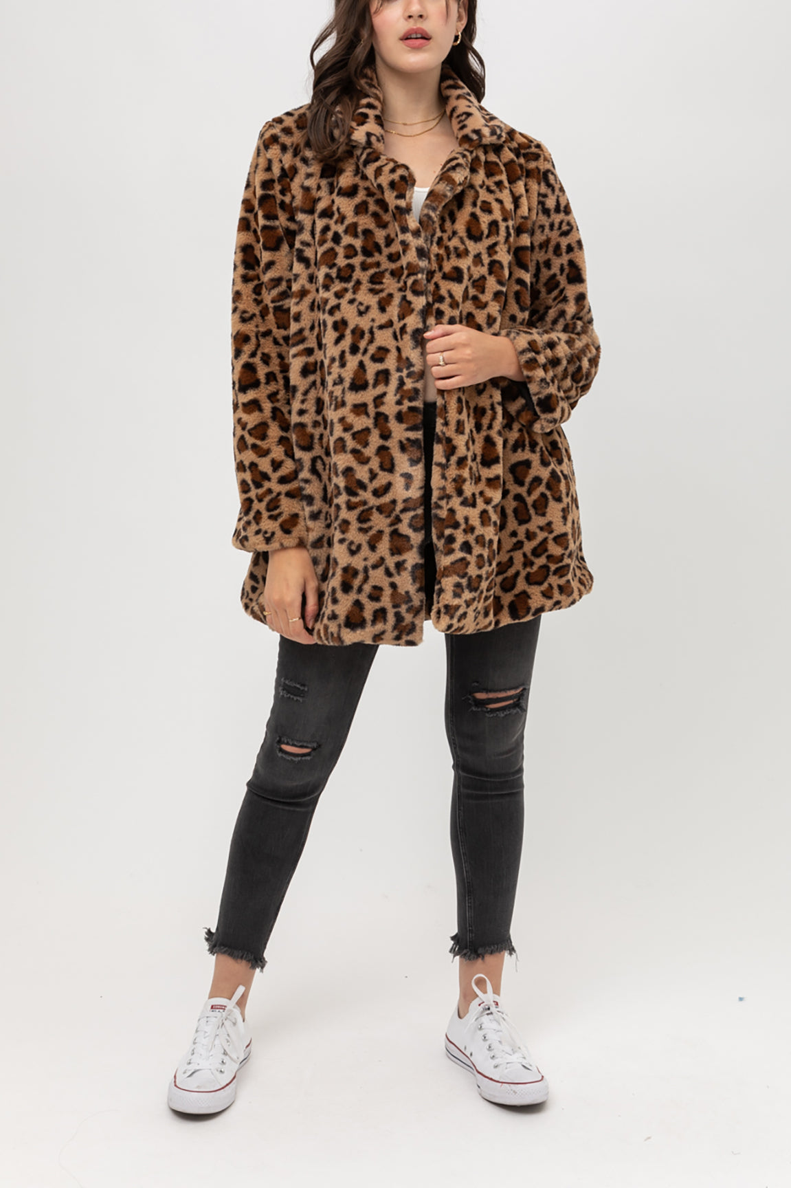 Women’s Faux Fur Open Front Jacket – Leopard Print Notch Collar Faux Fur Teddy Coat Lt8806jc