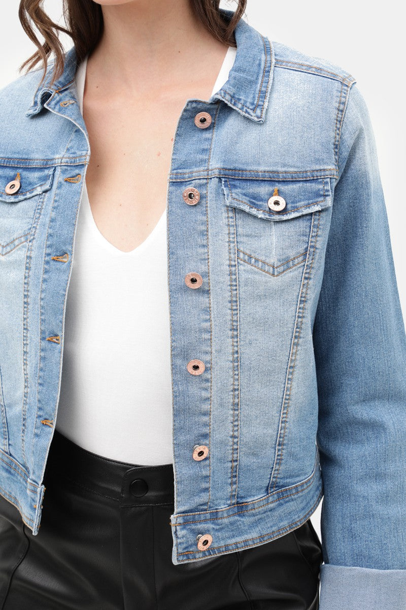 Women's Casual  Vintage Distressed Cropped Long Sleeve Denim Jean Jacket