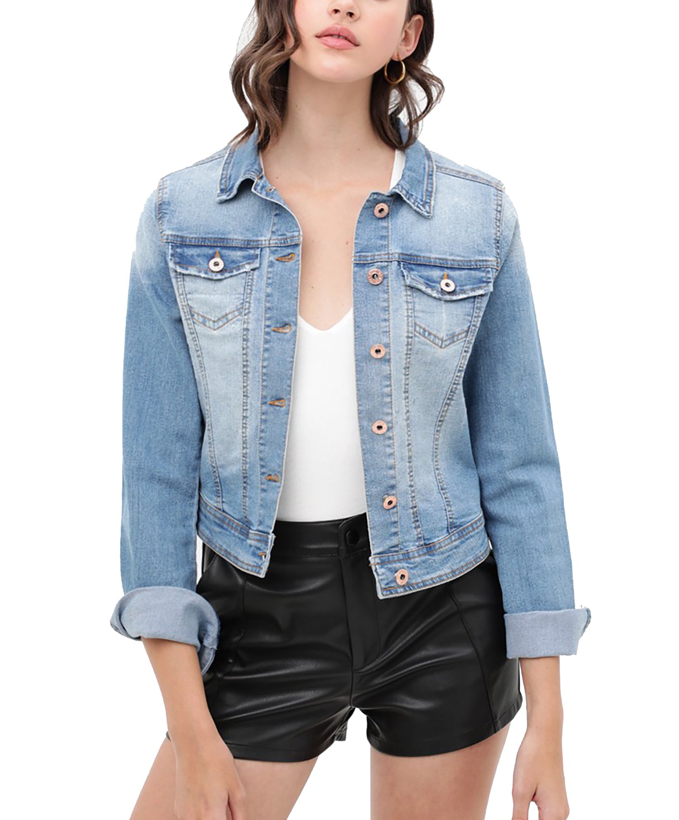 Women's Casual  Vintage Distressed Cropped Long Sleeve Denim Jean Jacket