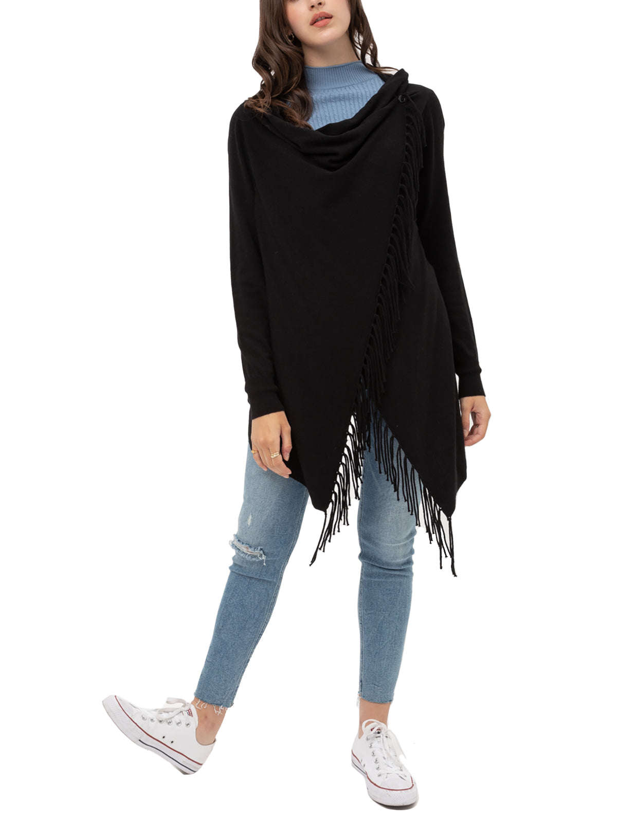 Women's Boho Open Front Sweater Cardigans - Fringed Draped Poncho Wrap Cardigan