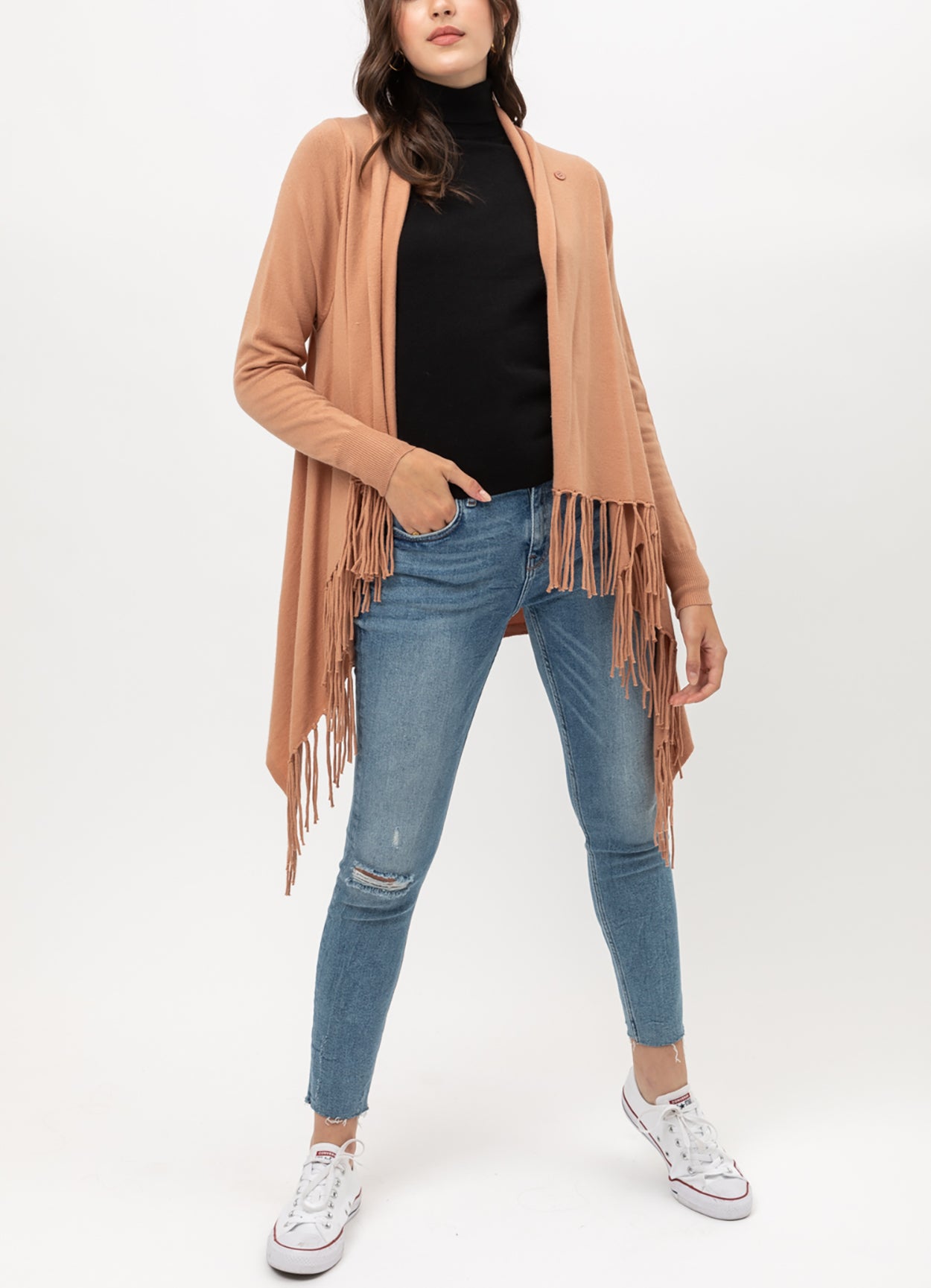 Women's Boho Open Front Sweater Cardigans - Fringed Draped Poncho Wrap Cardigan