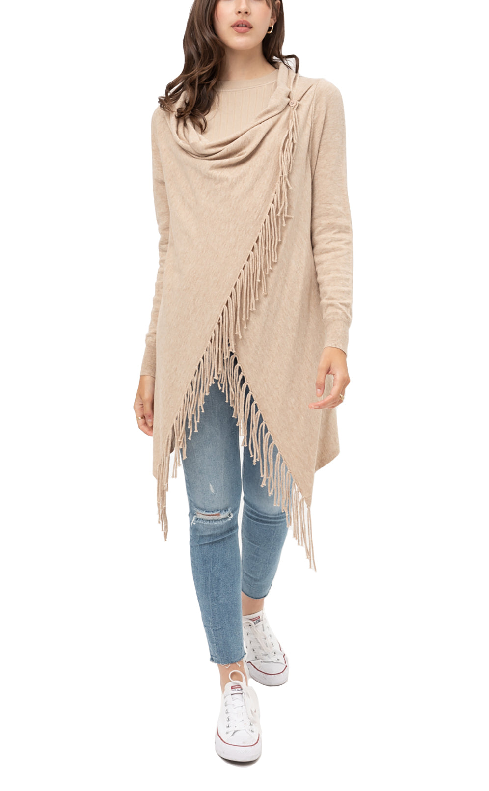 Women's Boho Open Front Sweater Cardigans - Fringed Draped Poncho Wrap Cardigan