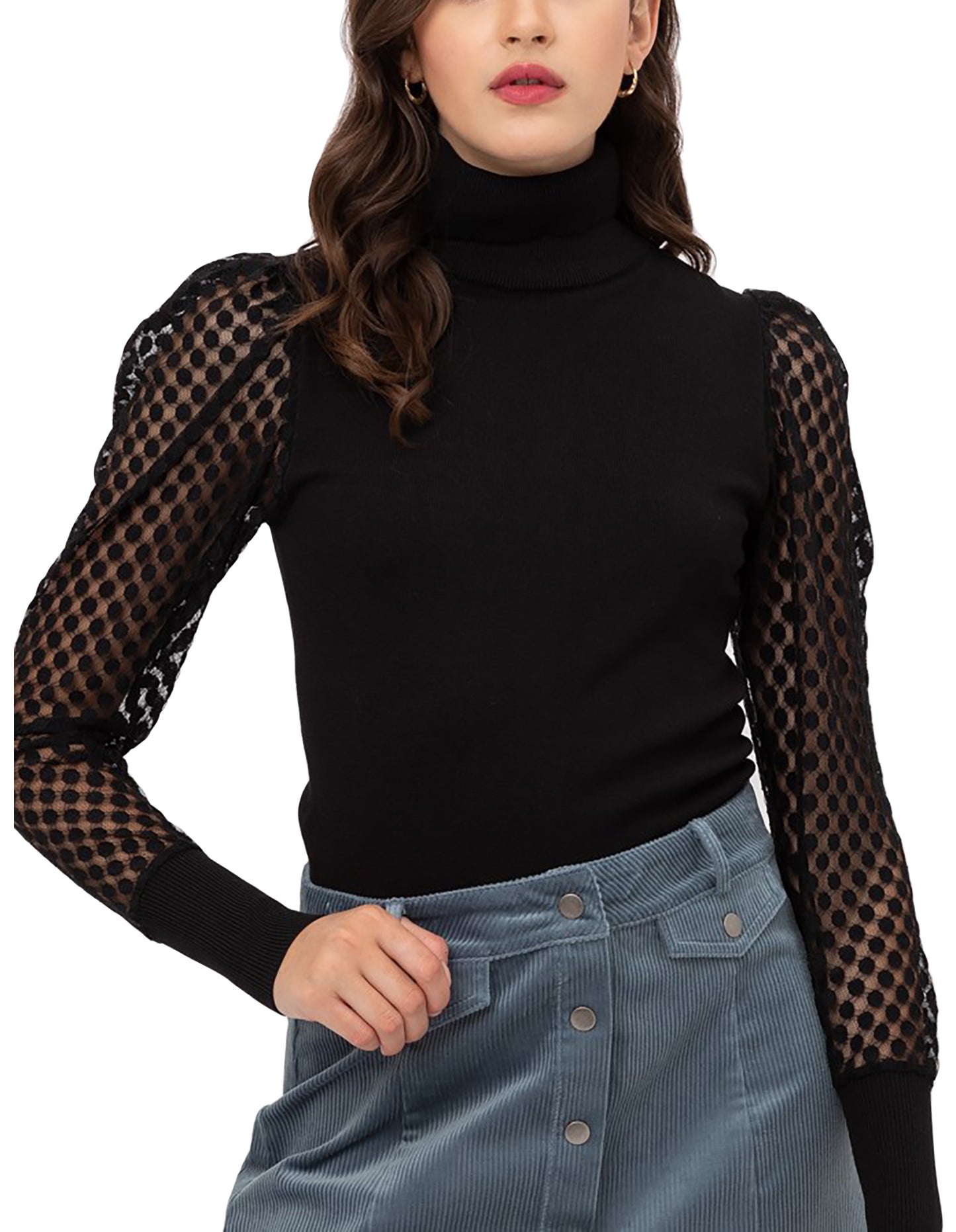 Women’s Pullover Slim Fit Puff Long Sleeve Turtle Neck Sweater – Mesh Detail Sleeve Basic Turtle Neck Knit Top