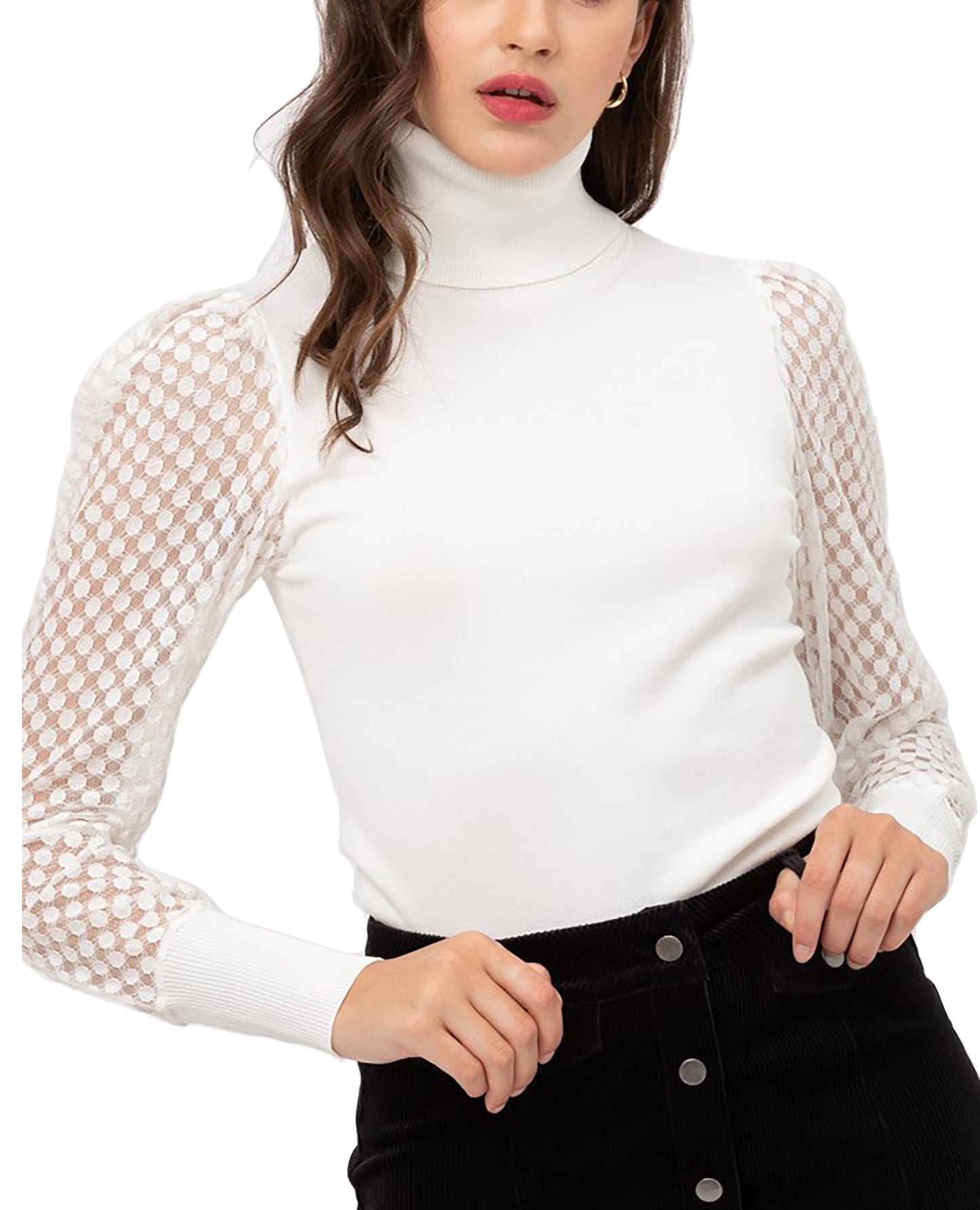 Women’s Pullover Slim Fit Puff Long Sleeve Turtle Neck Sweater – Mesh Detail Sleeve Basic Turtle Neck Knit Top