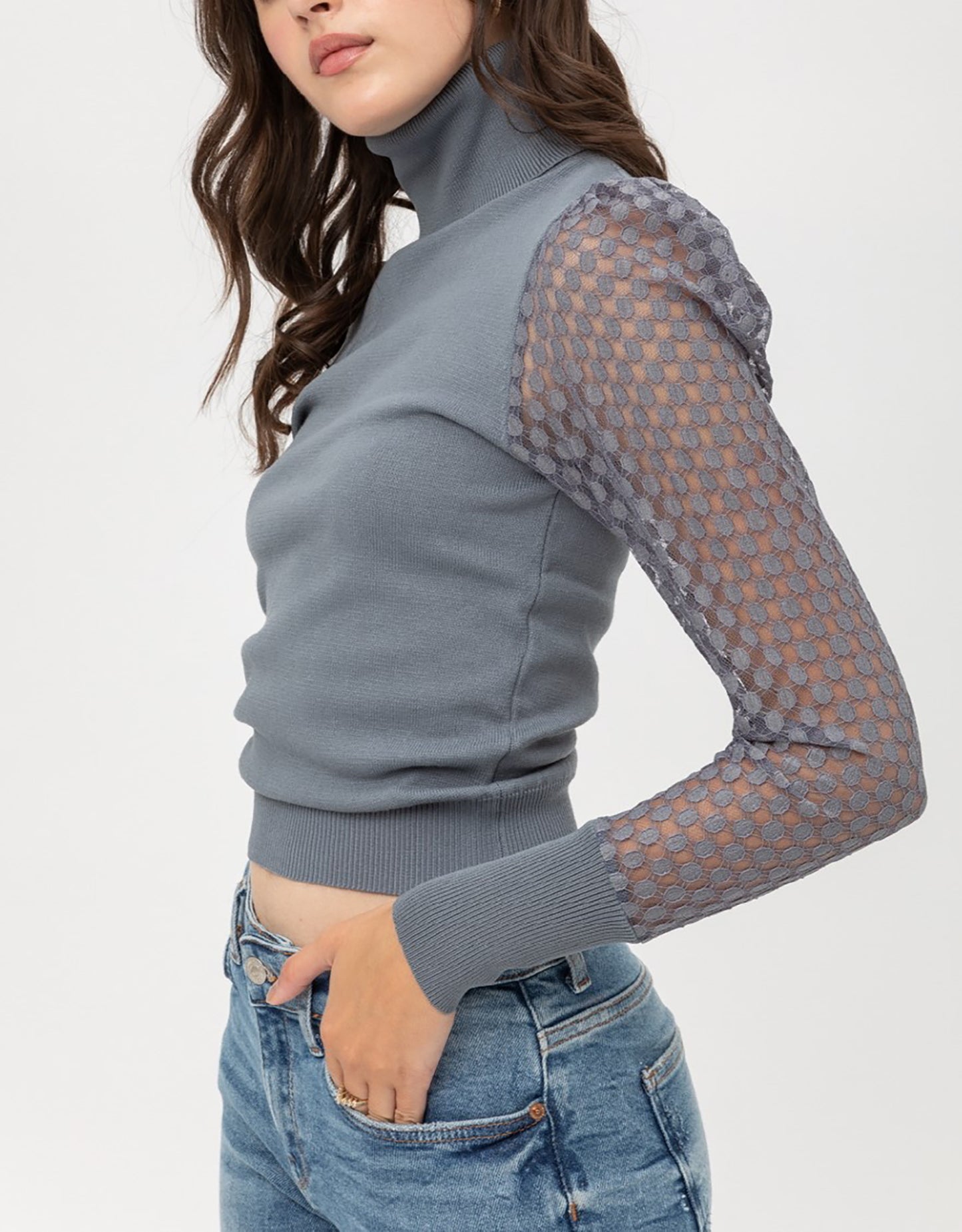 Women’s Pullover Slim Fit Puff Long Sleeve Turtle Neck Sweater – Mesh Detail Sleeve Basic Turtle Neck Knit Top