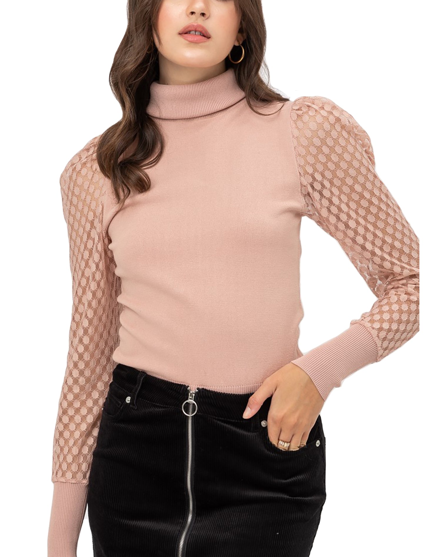 Women’s Pullover Slim Fit Puff Long Sleeve Turtle Neck Sweater – Mesh Detail Sleeve Basic Turtle Neck Knit Top