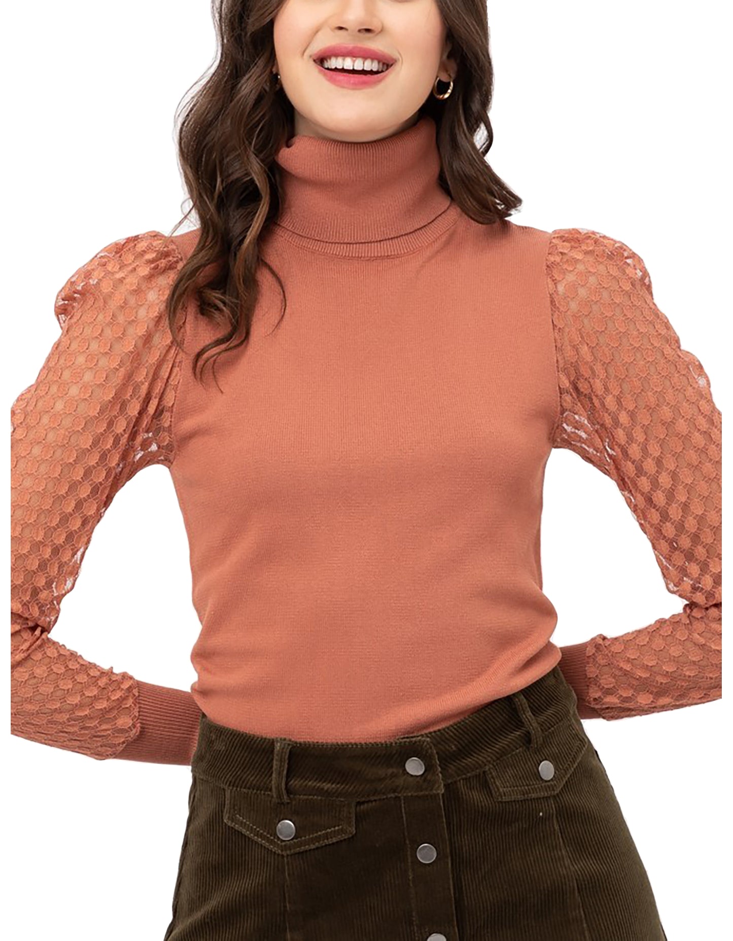 Women’s Pullover Slim Fit Puff Long Sleeve Turtle Neck Sweater – Mesh Detail Sleeve Basic Turtle Neck Knit Top