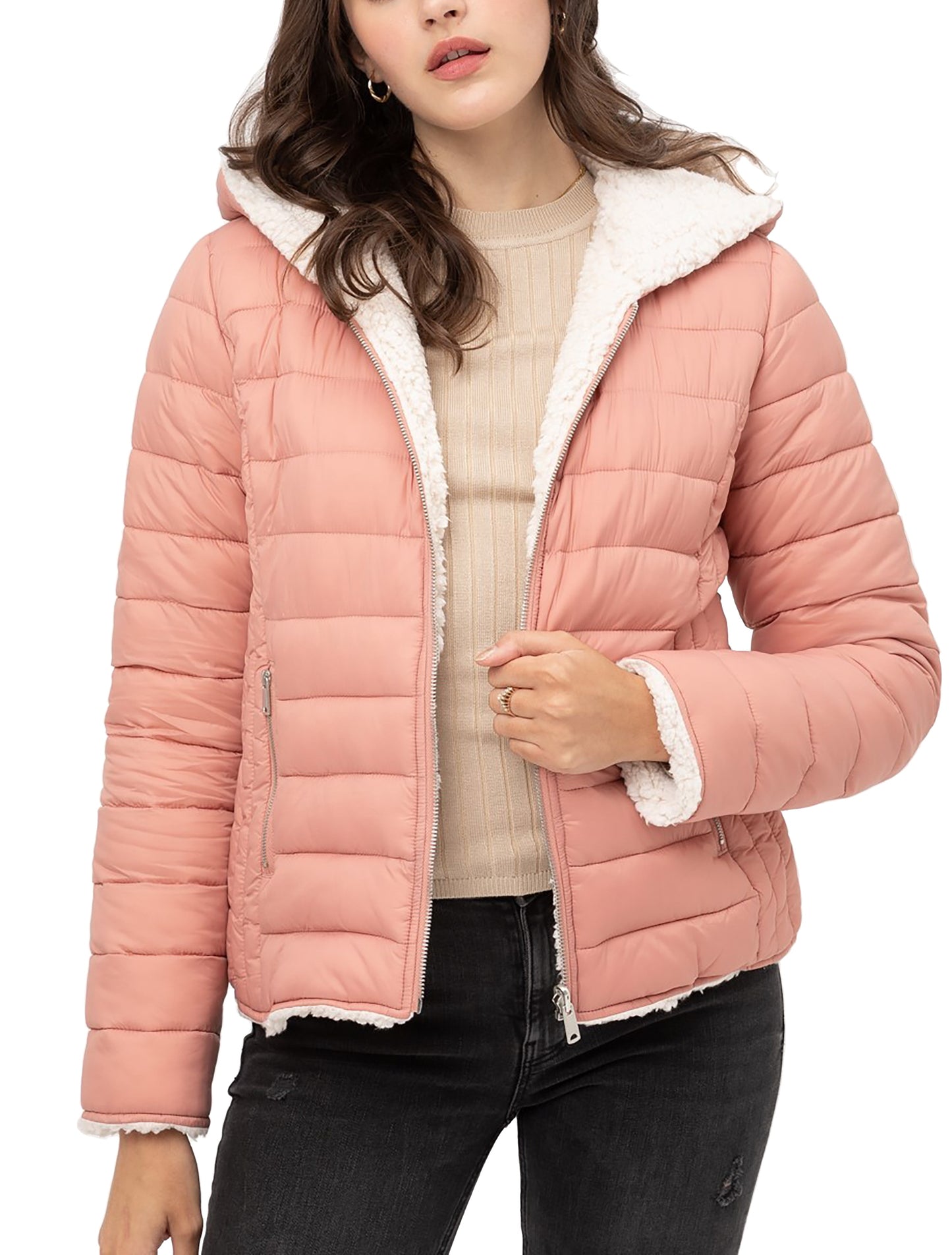 Women's Reversible Faux Fur Quilted Puffer Hooded Jacket LTJ8014