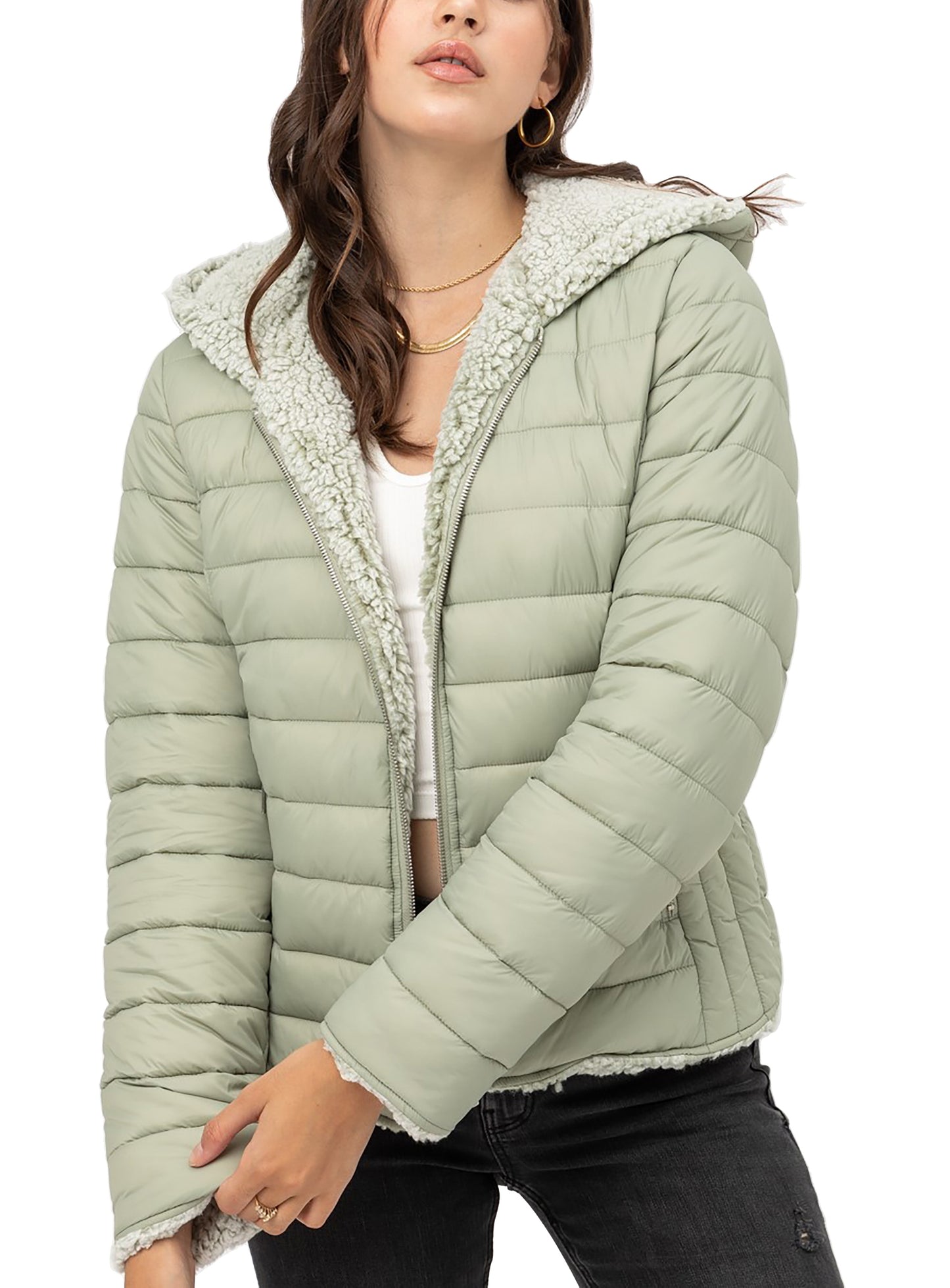 Women's Reversible Faux Fur Quilted Puffer Hooded Jacket LTJ8014