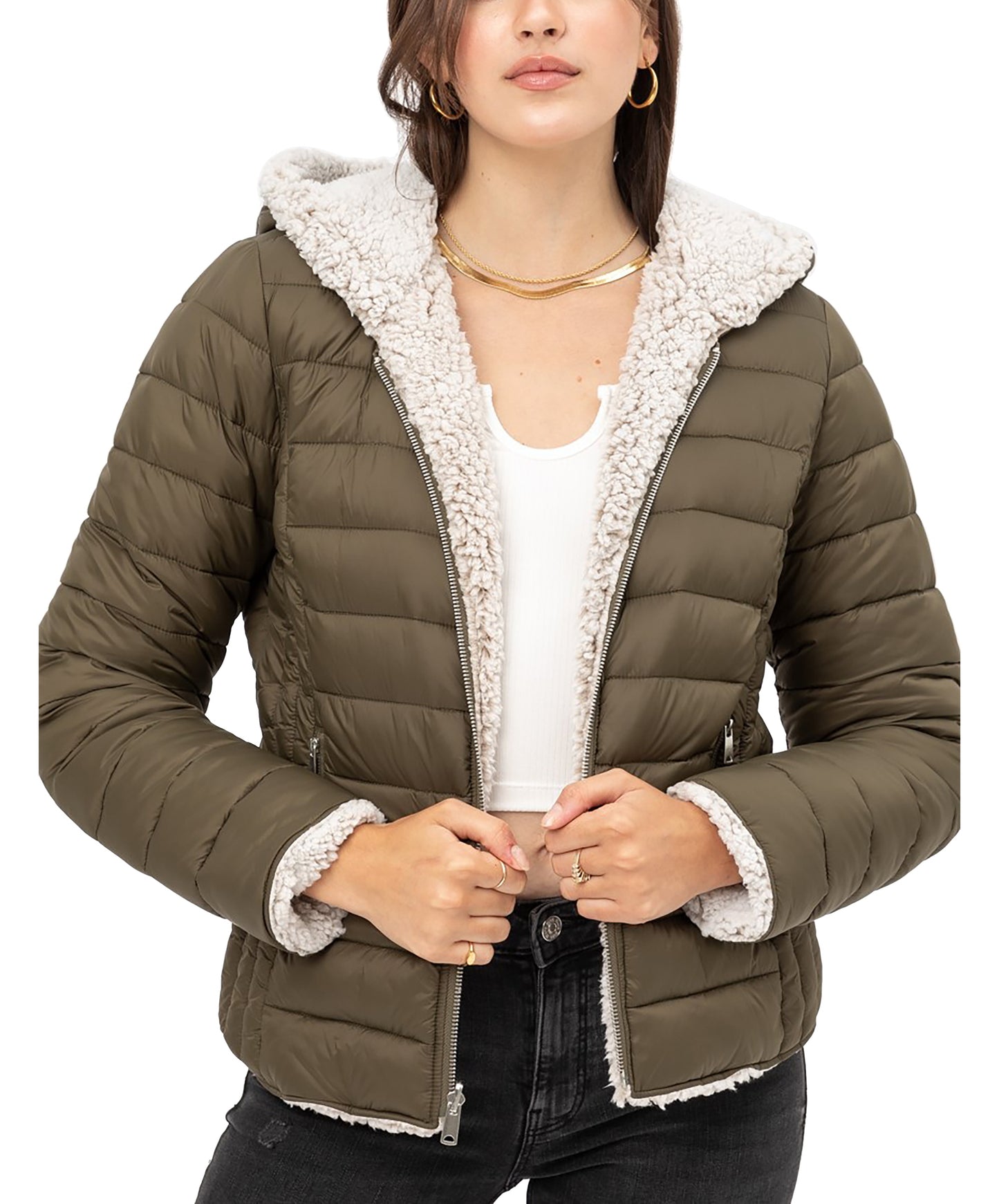 Women's Reversible Faux Fur Quilted Puffer Hooded Jacket LTJ8014