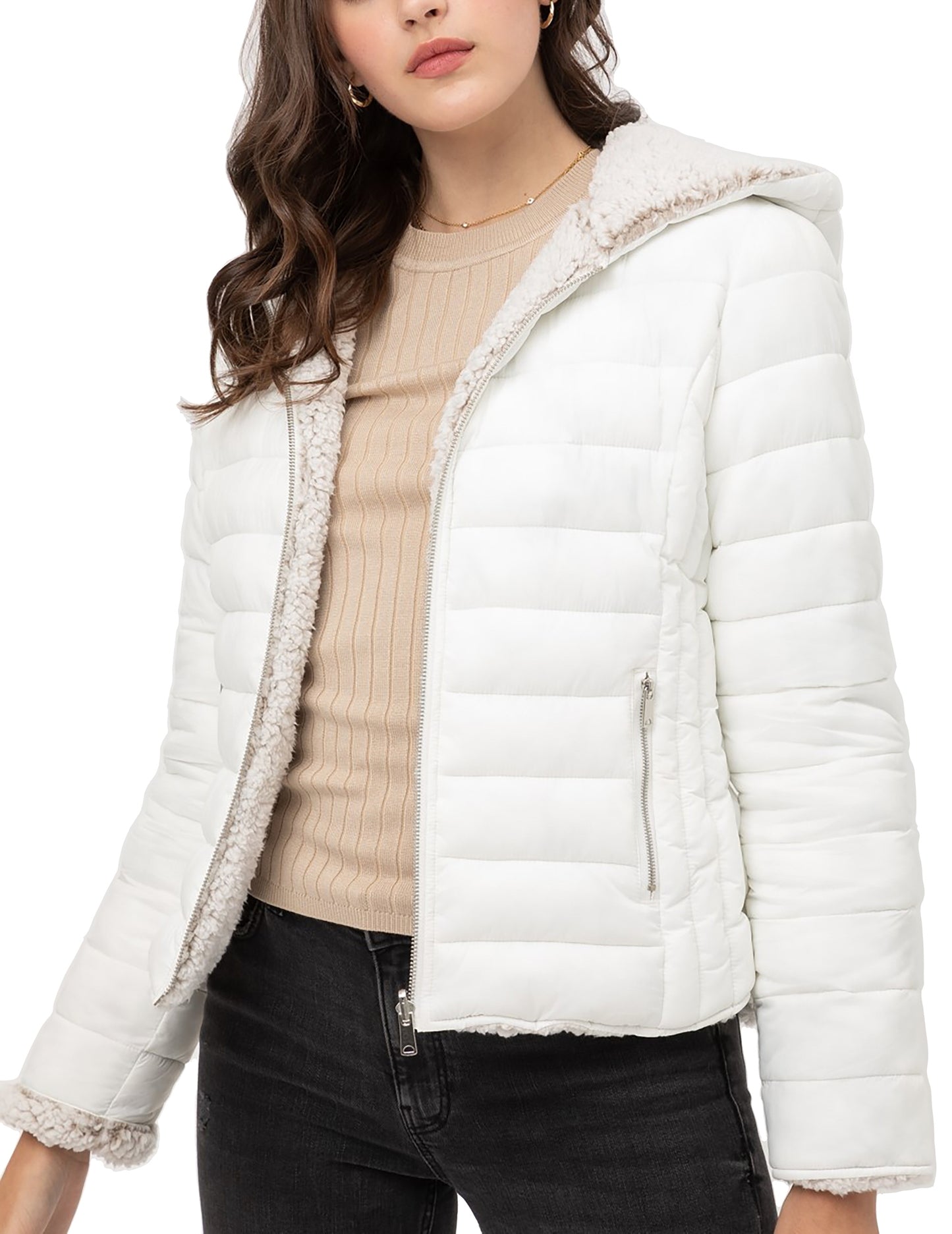 Women's Reversible Faux Fur Quilted Puffer Hooded Jacket LTJ8014