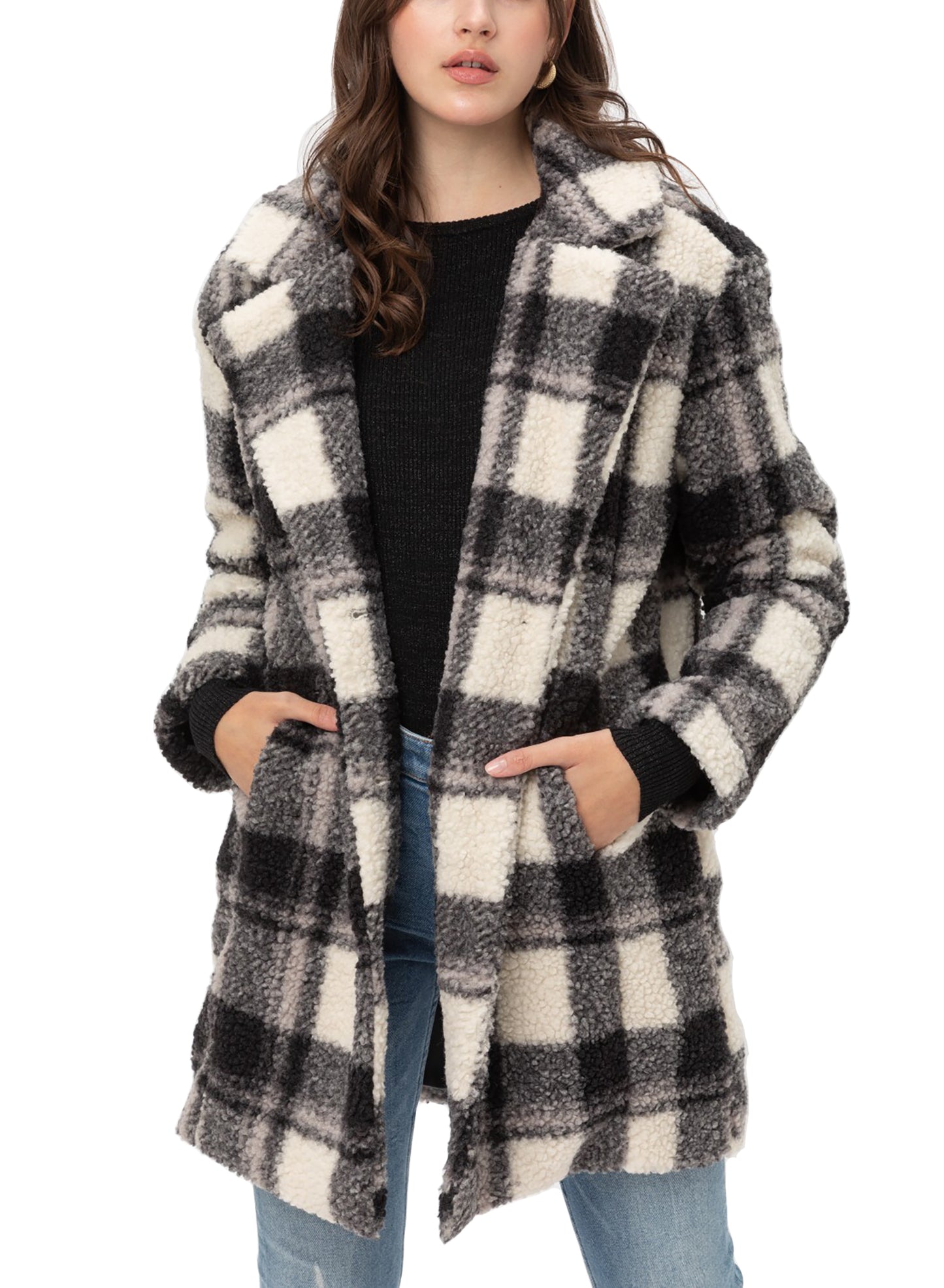 Women’s Faux Fur Plaid Coats – Plaid Button Down Sherpa Fleece Long Jacket LTJ8135