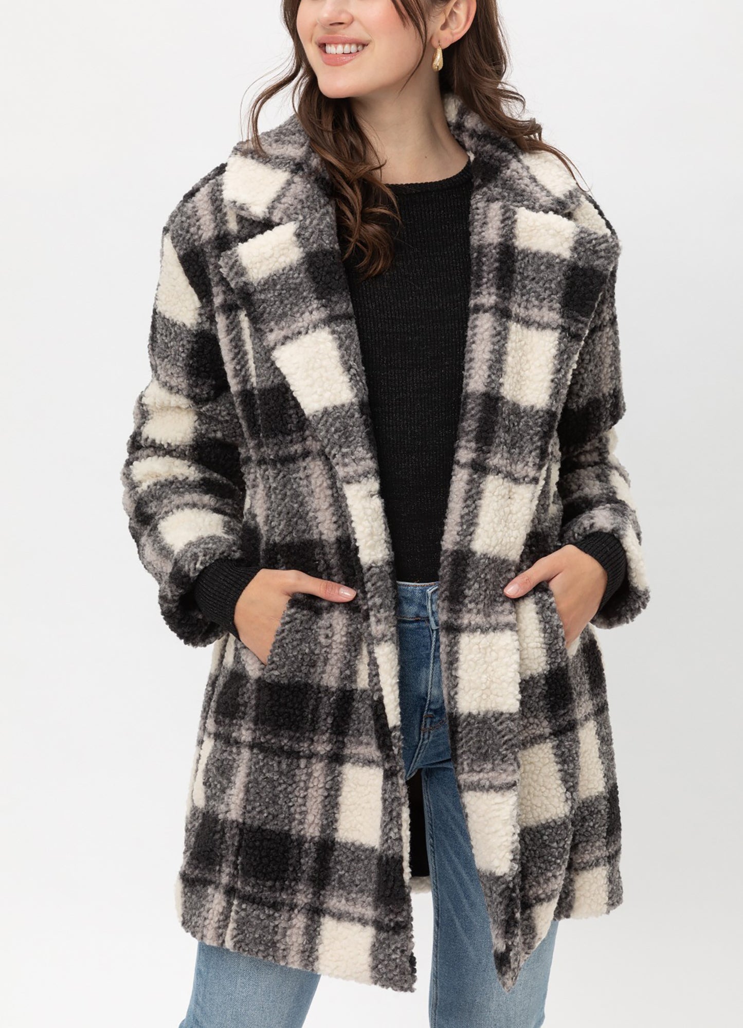 Women’s Faux Fur Plaid Coats – Plaid Button Down Sherpa Fleece Long Jacket LTJ8135