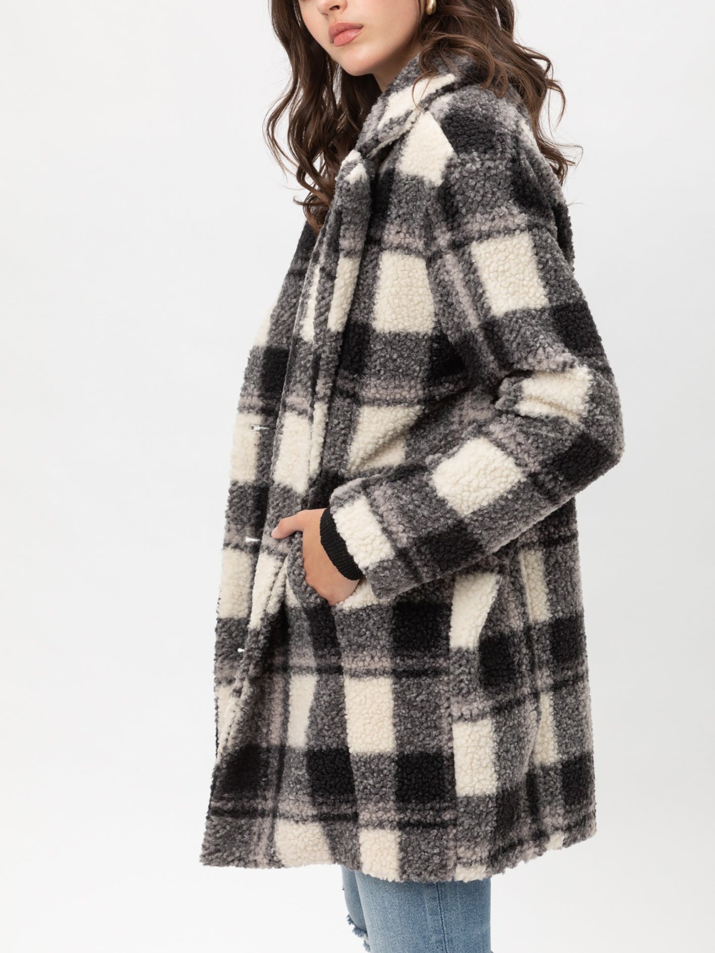 Women’s Faux Fur Plaid Coats – Plaid Button Down Sherpa Fleece Long Jacket LTJ8135