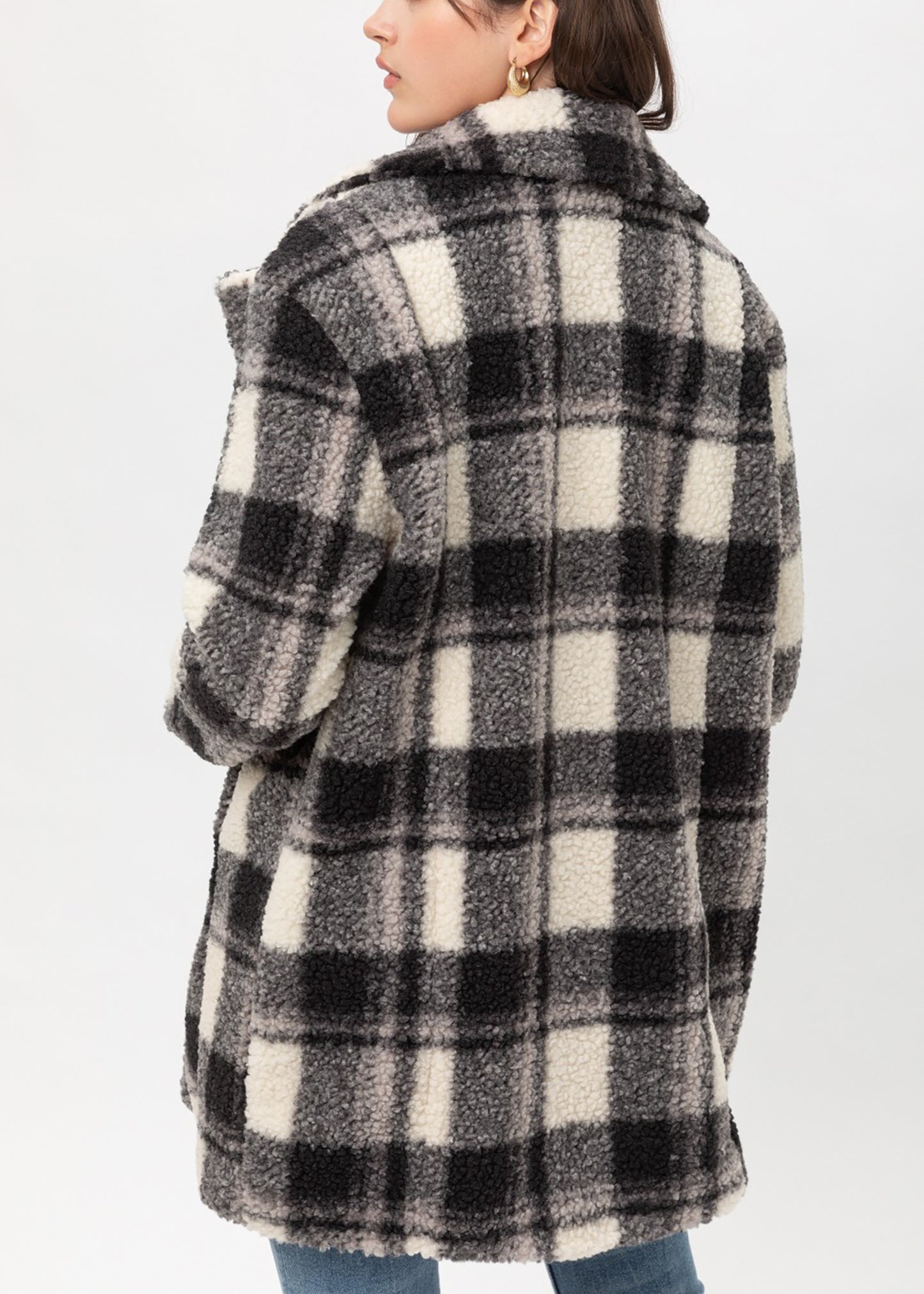 Women’s Faux Fur Plaid Coats – Plaid Button Down Sherpa Fleece Long Jacket LTJ8135