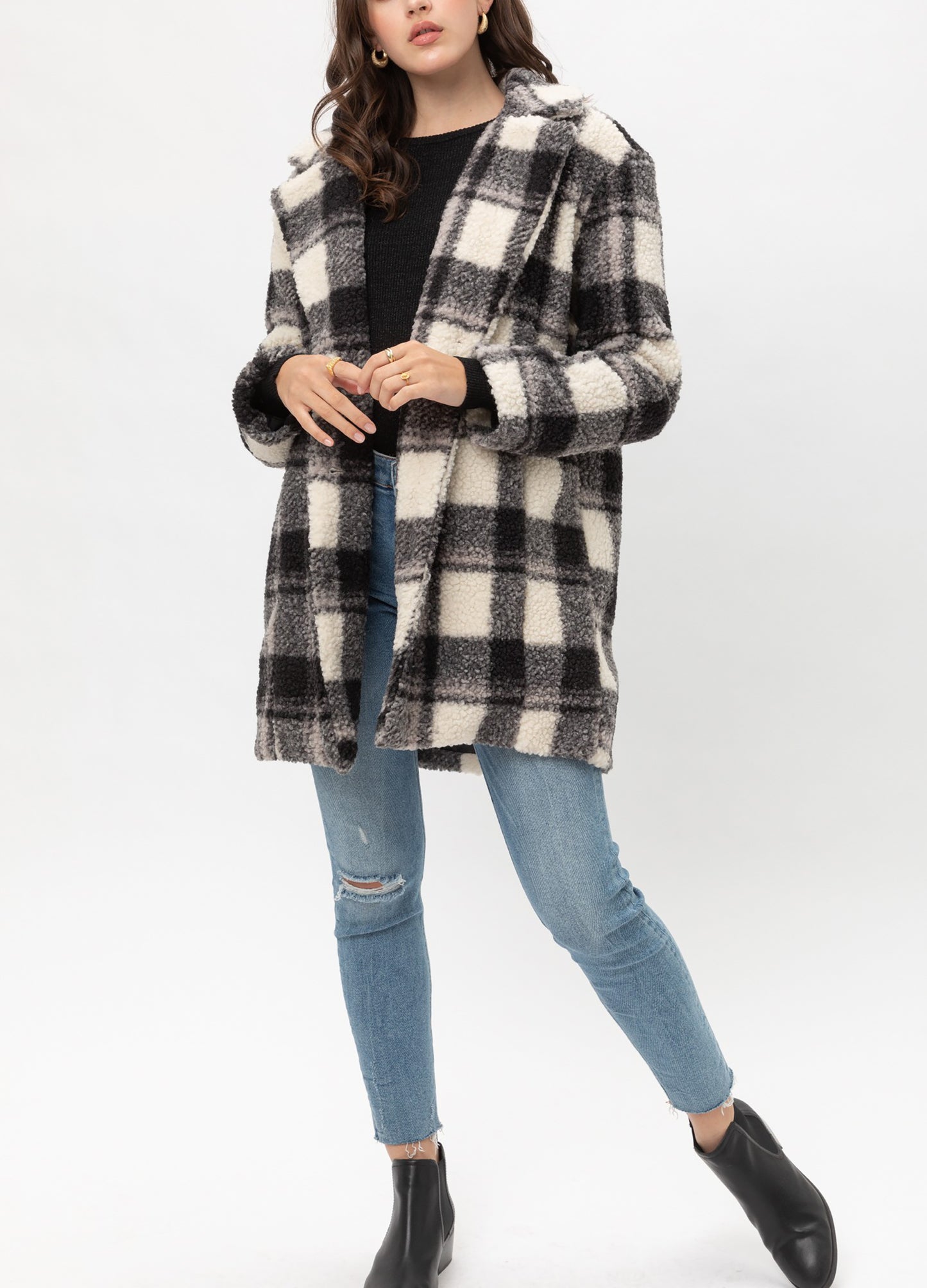 Women’s Faux Fur Plaid Coats – Plaid Button Down Sherpa Fleece Long Jacket LTJ8135