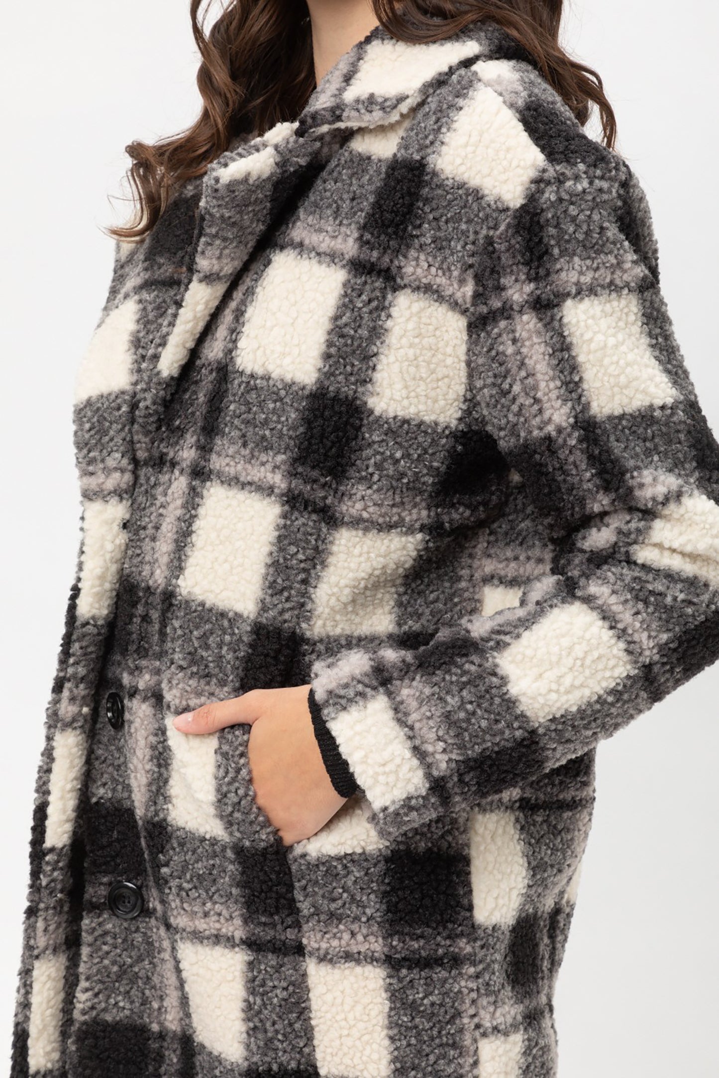 Women’s Faux Fur Plaid Coats – Plaid Button Down Sherpa Fleece Long Jacket LTJ8135