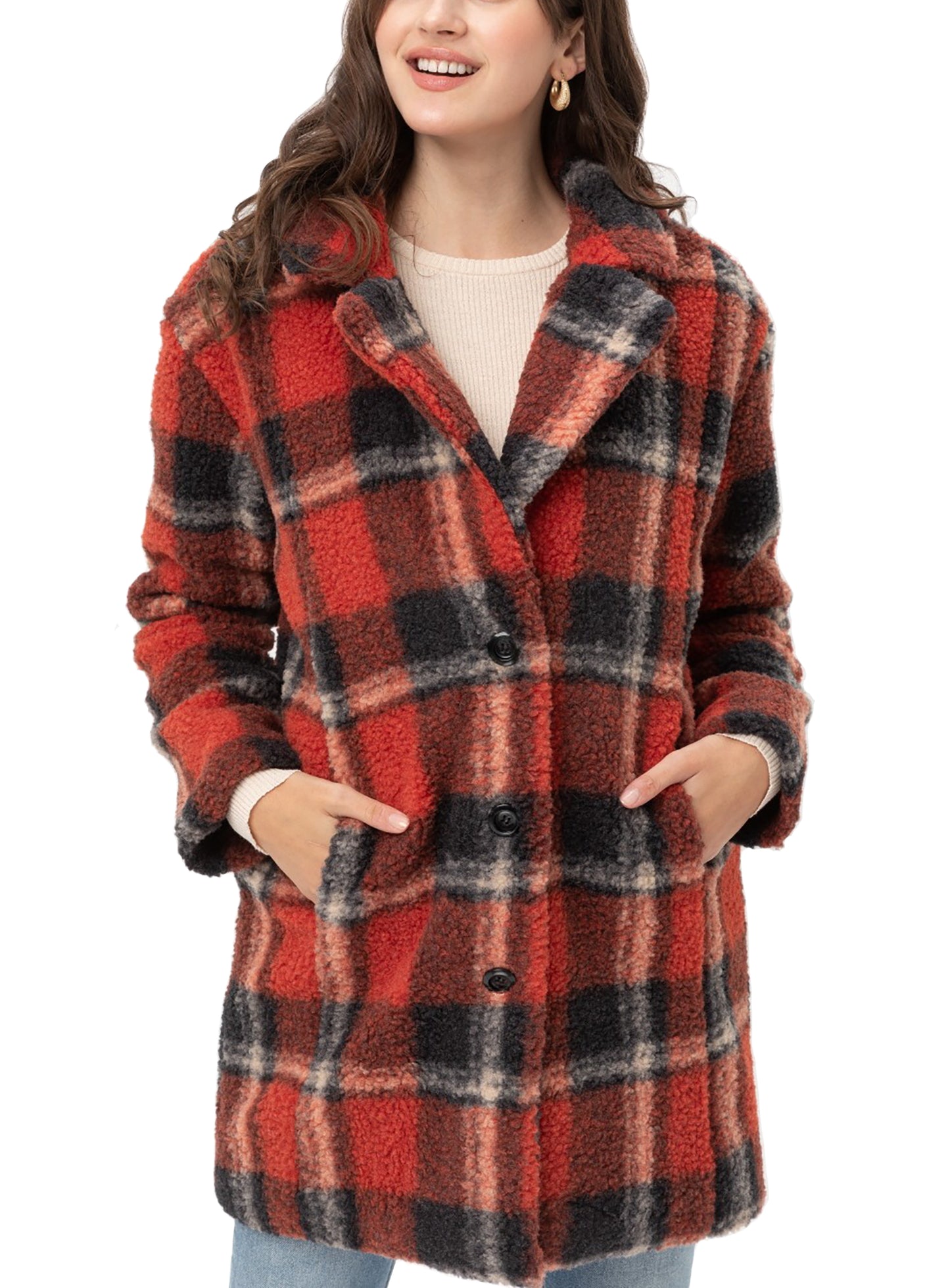 Women’s Faux Fur Plaid Coats – Plaid Button Down Sherpa Fleece Long Jacket LTJ8135