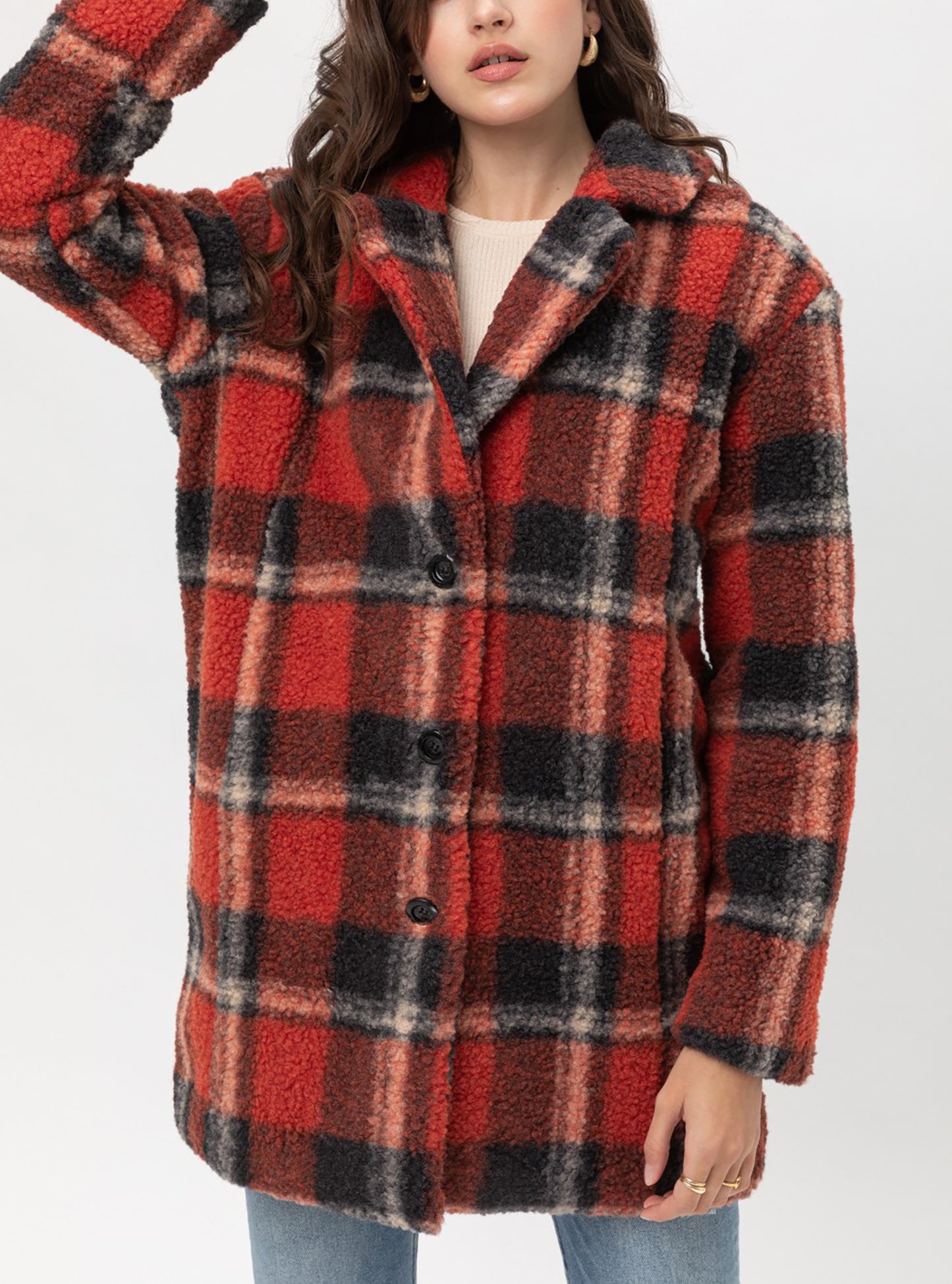 Women’s Faux Fur Plaid Coats – Plaid Button Down Sherpa Fleece Long Jacket LTJ8135