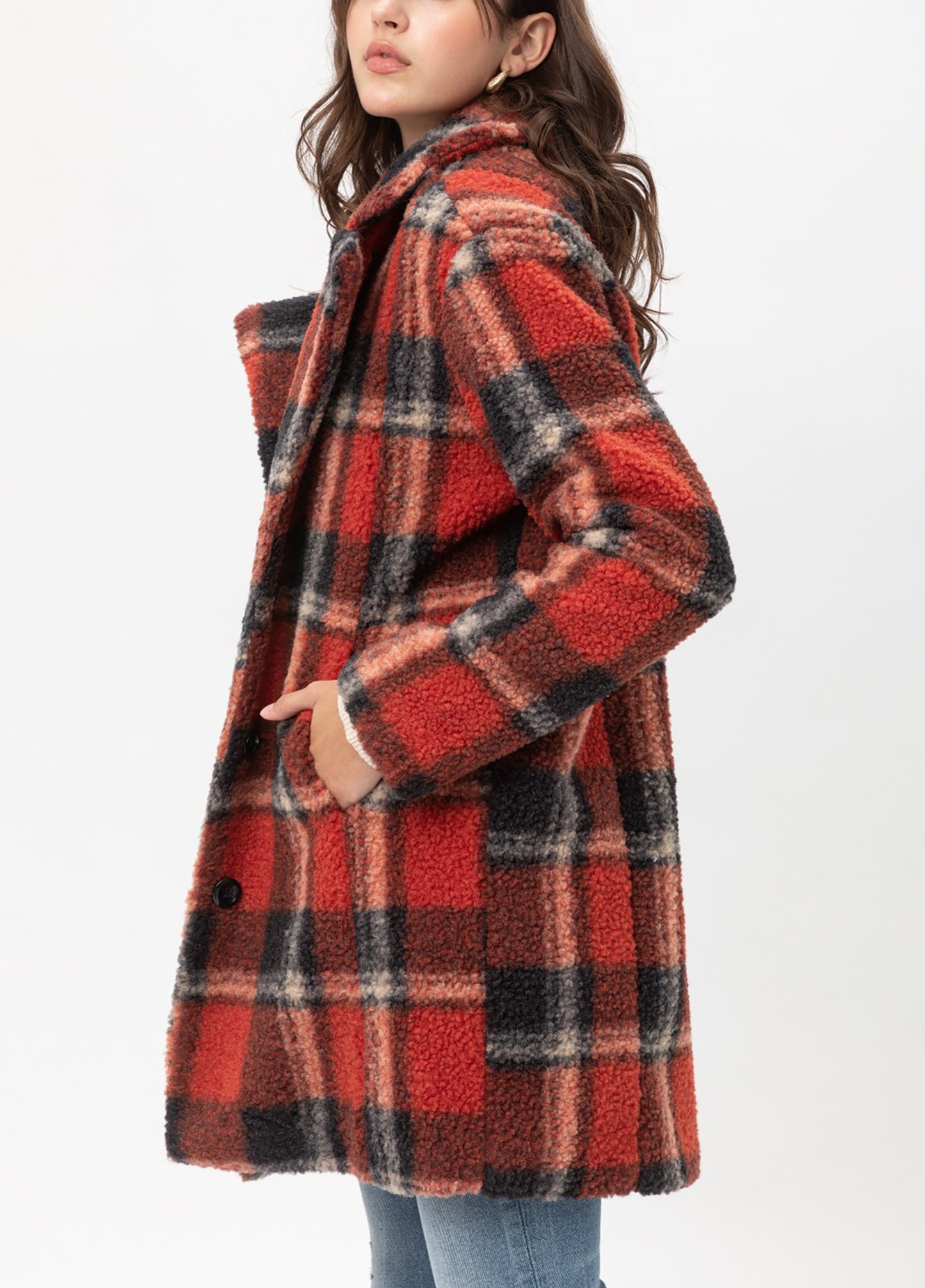 Women’s Faux Fur Plaid Coats – Plaid Button Down Sherpa Fleece Long Jacket LTJ8135