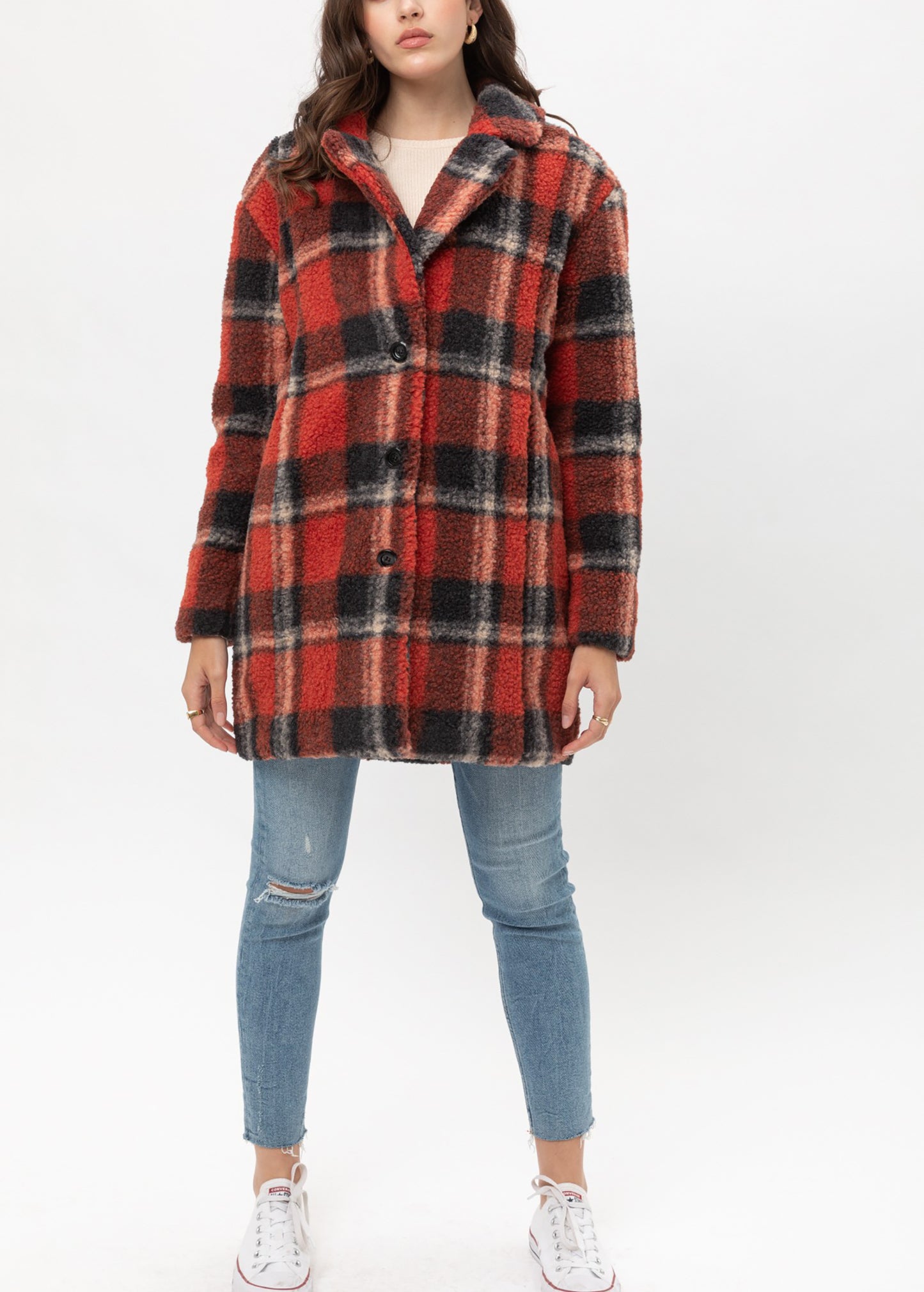 Women’s Faux Fur Plaid Coats – Plaid Button Down Sherpa Fleece Long Jacket LTJ8135