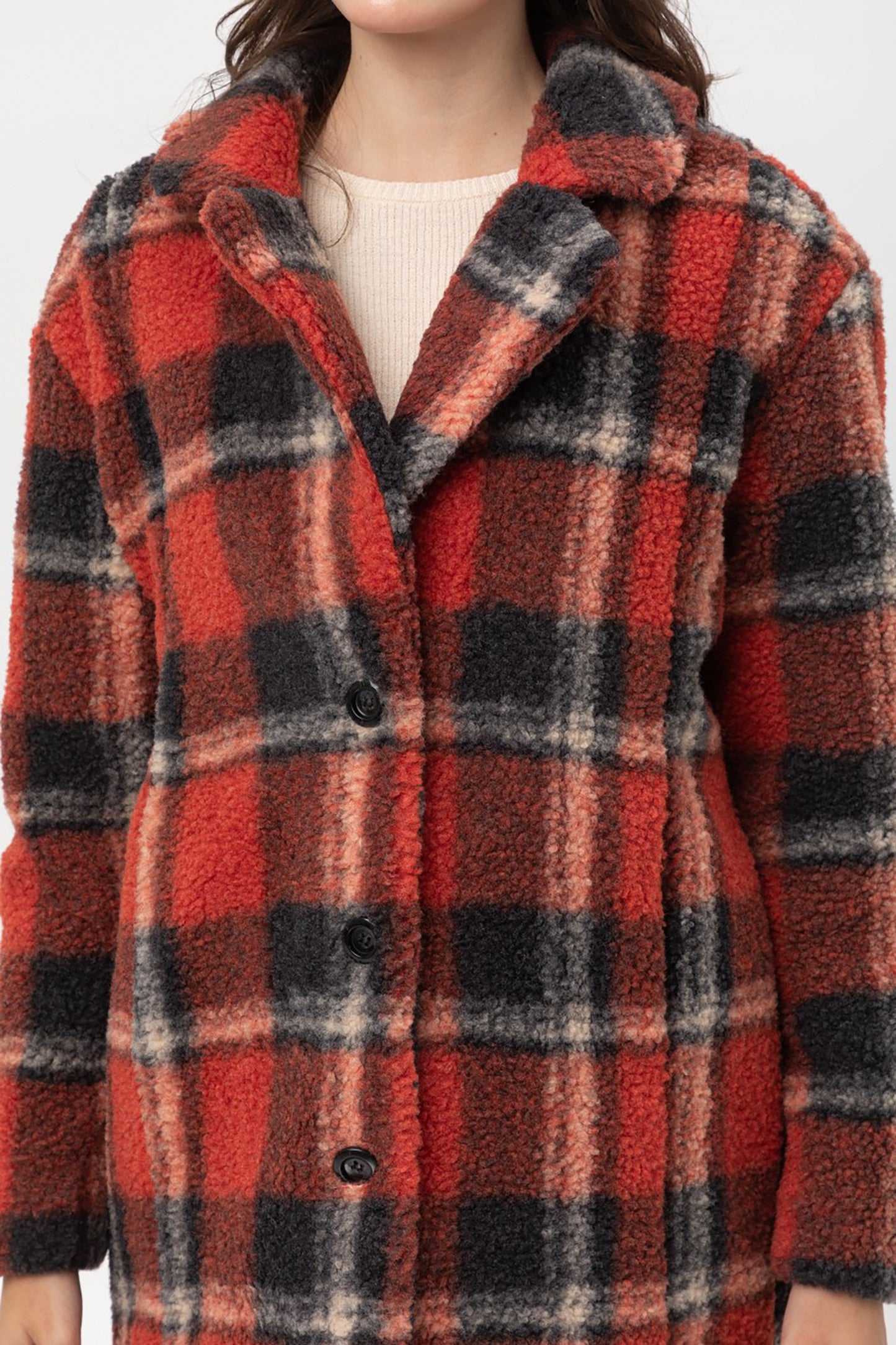 Women’s Faux Fur Plaid Coats – Plaid Button Down Sherpa Fleece Long Jacket LTJ8135