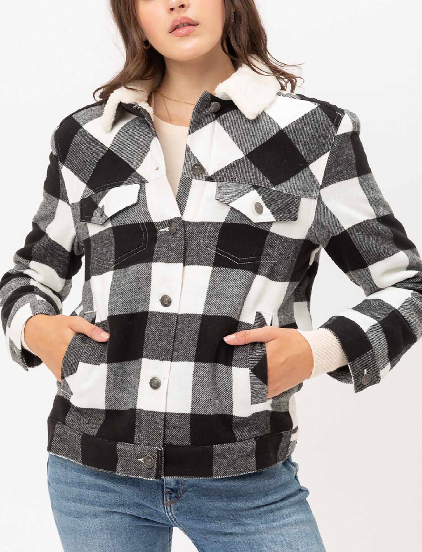 Women’s Faux Fur Plaid Jackets – Woven Plaid Button Down Sherpa Fleece Jacket LTJ8199