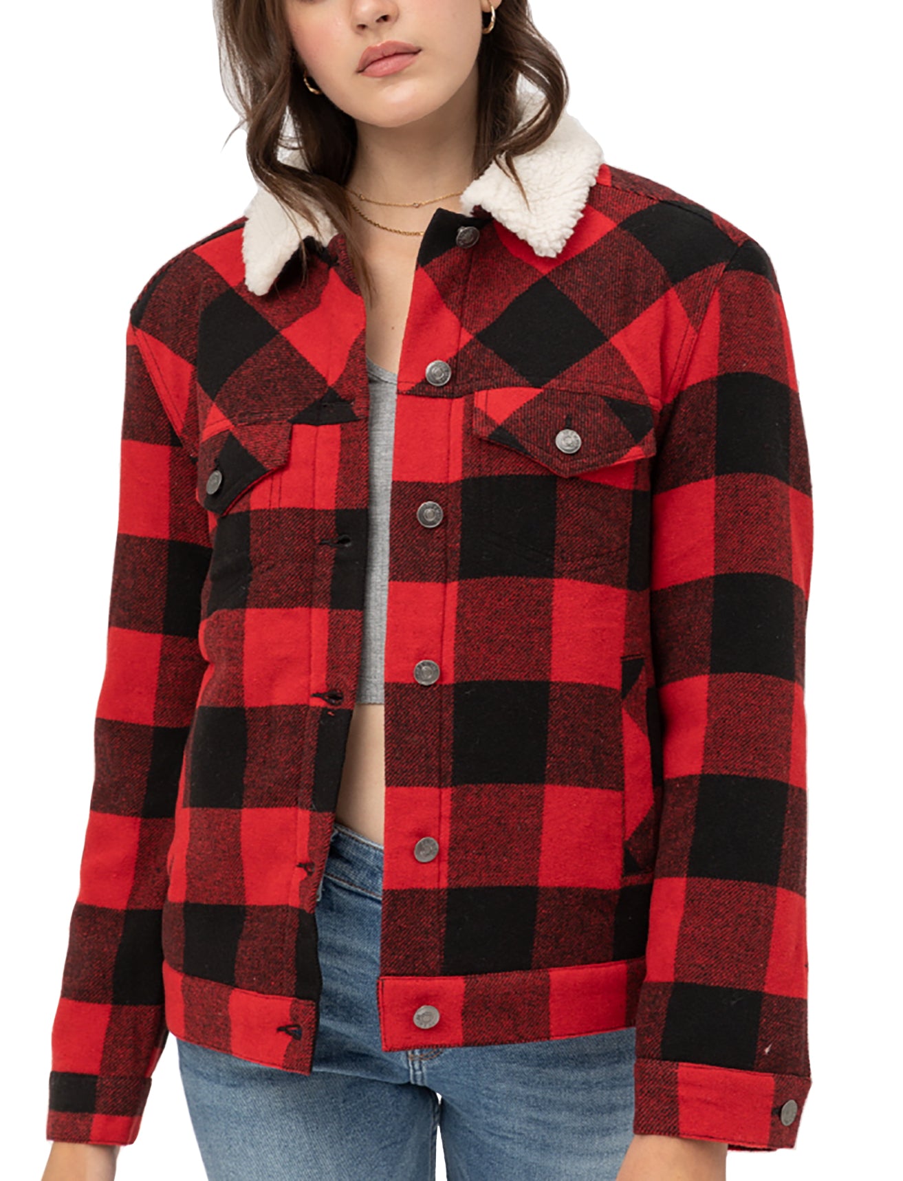 Women’s Faux Fur Plaid Jackets – Woven Plaid Button Down Sherpa Fleece Jacket LTJ8199