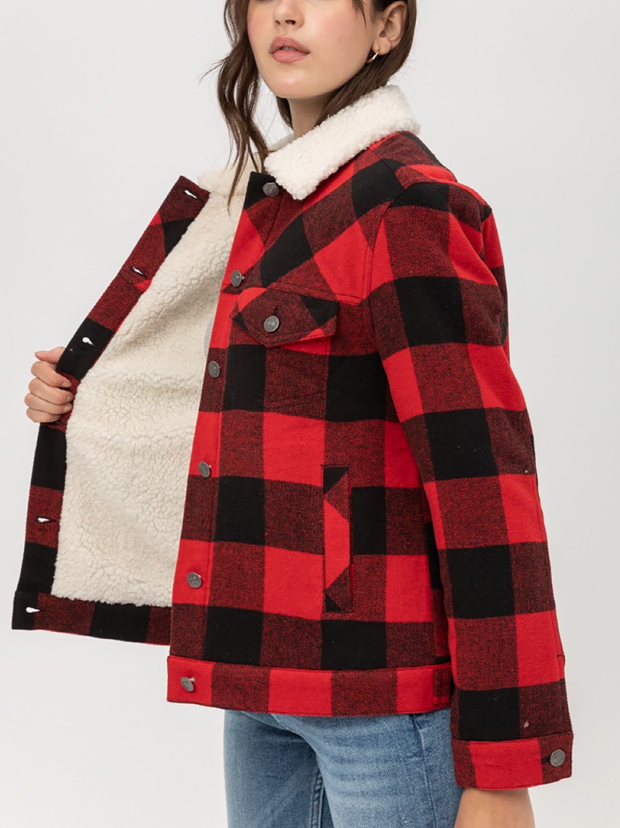 Women’s Faux Fur Plaid Jackets – Woven Plaid Button Down Sherpa Fleece Jacket LTJ8199