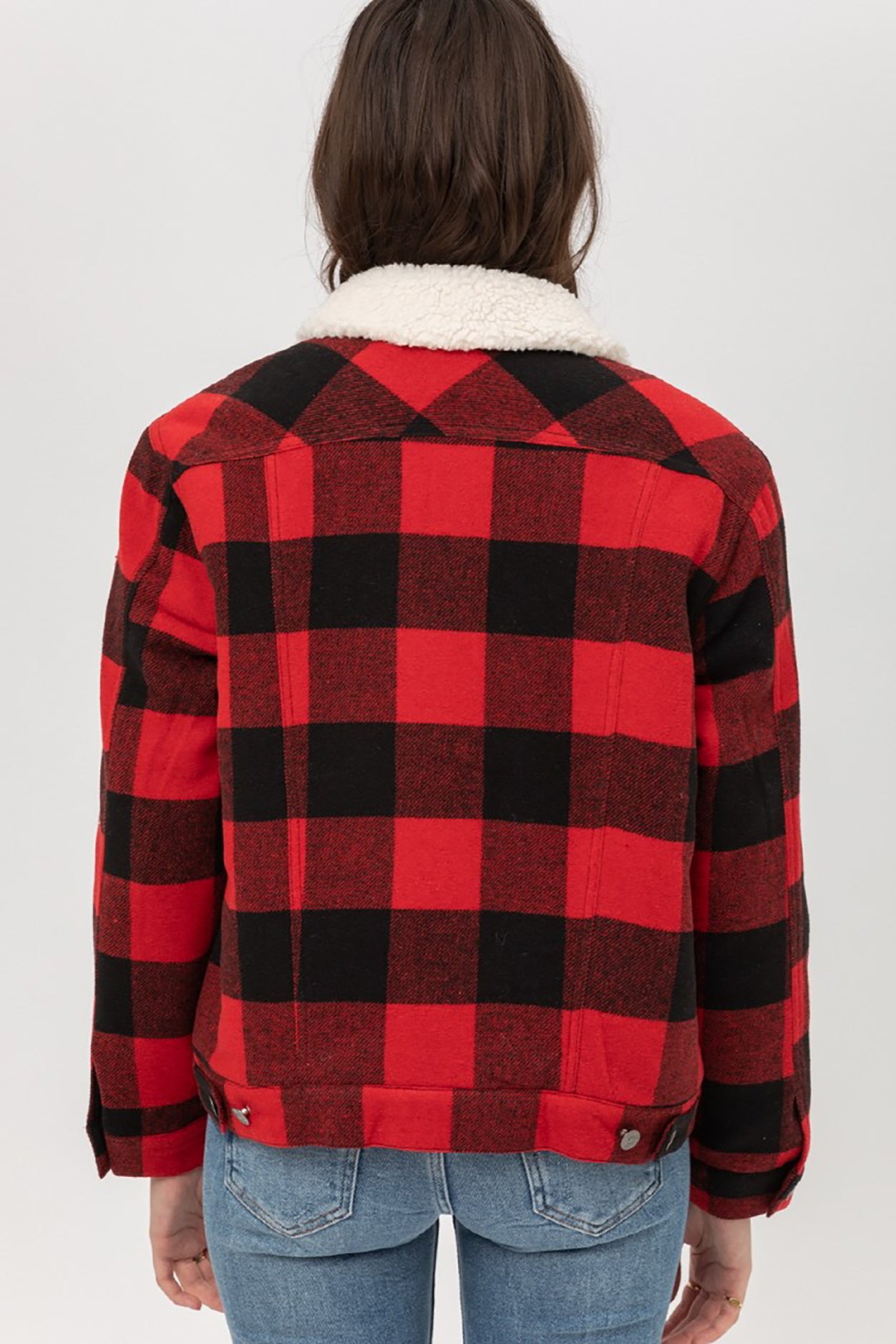 Women’s Faux Fur Plaid Jackets – Woven Plaid Button Down Sherpa Fleece Jacket LTJ8199