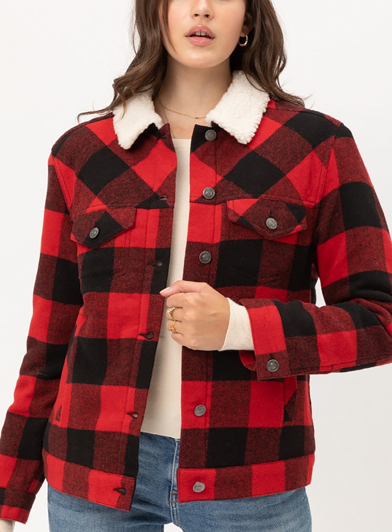 Women’s Faux Fur Plaid Jackets – Woven Plaid Button Down Sherpa Fleece Jacket LTJ8199