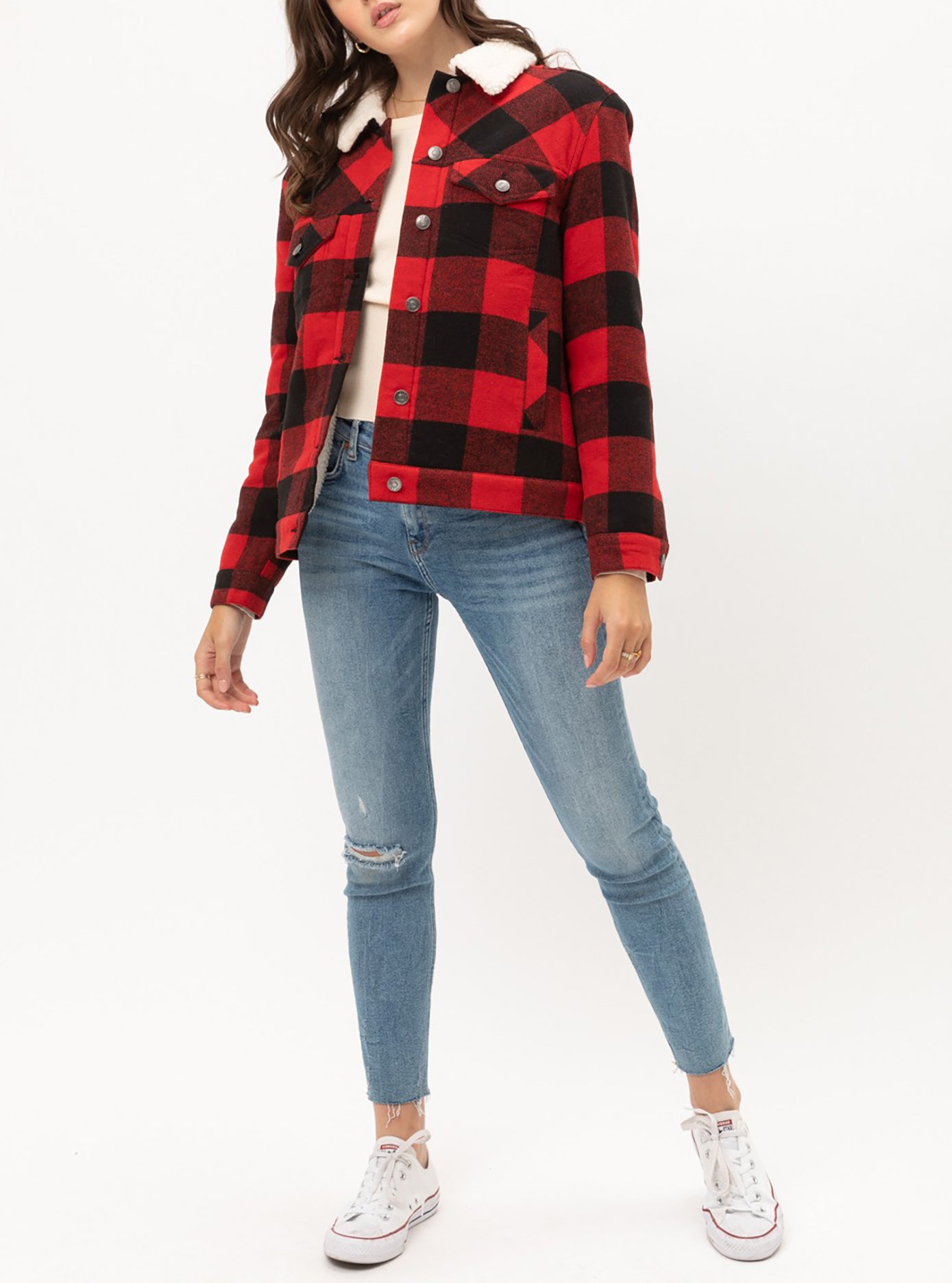 Women’s Faux Fur Plaid Jackets – Woven Plaid Button Down Sherpa Fleece Jacket LTJ8199