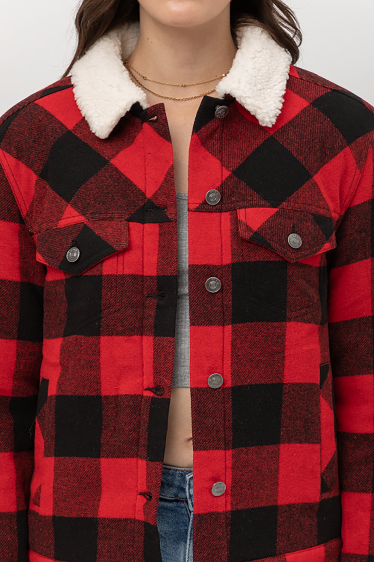 Women’s Faux Fur Plaid Jackets – Woven Plaid Button Down Sherpa Fleece Jacket LTJ8199