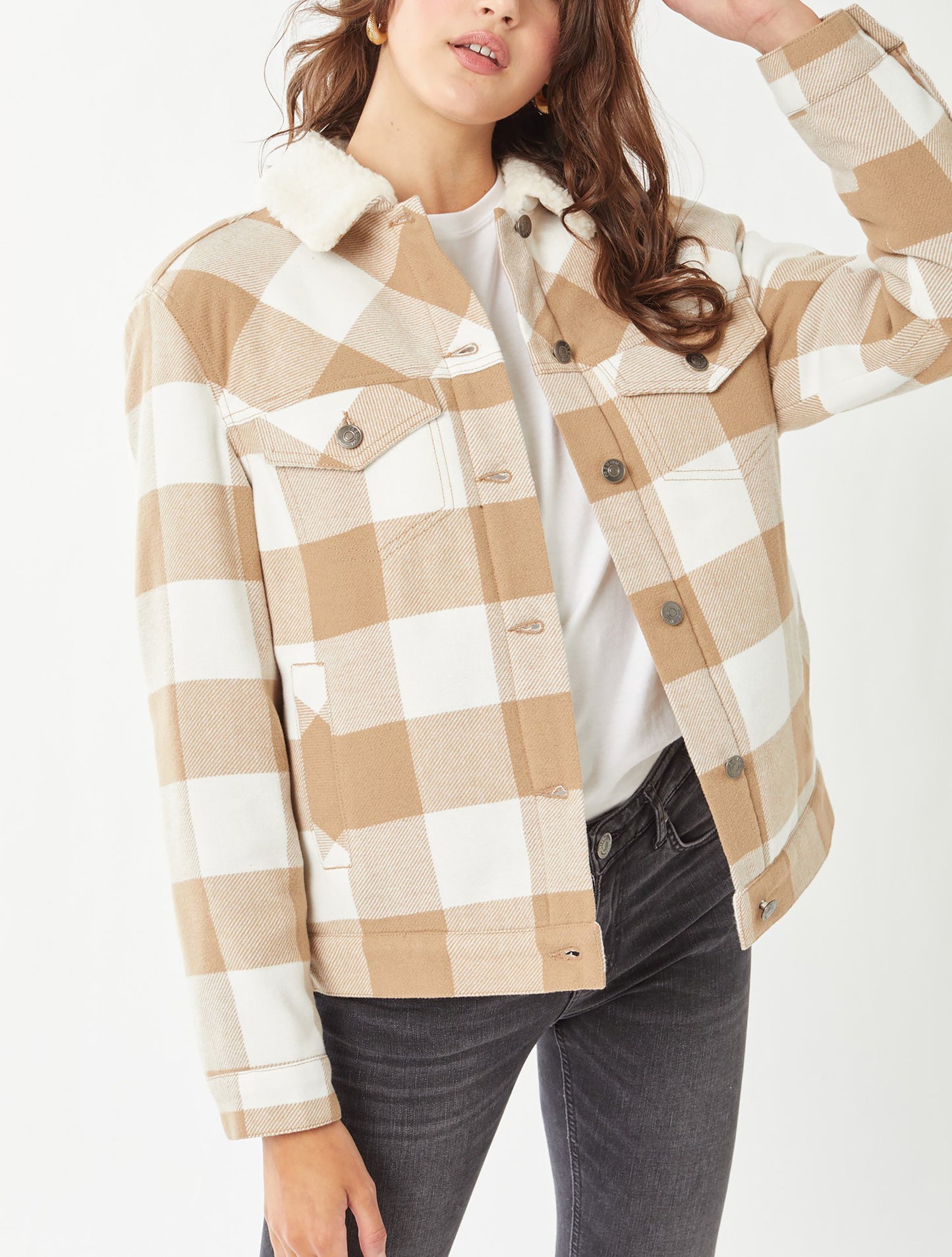 Women’s Faux Fur Plaid Jackets – Woven Plaid Button Down Sherpa Fleece Jacket LTJ8199