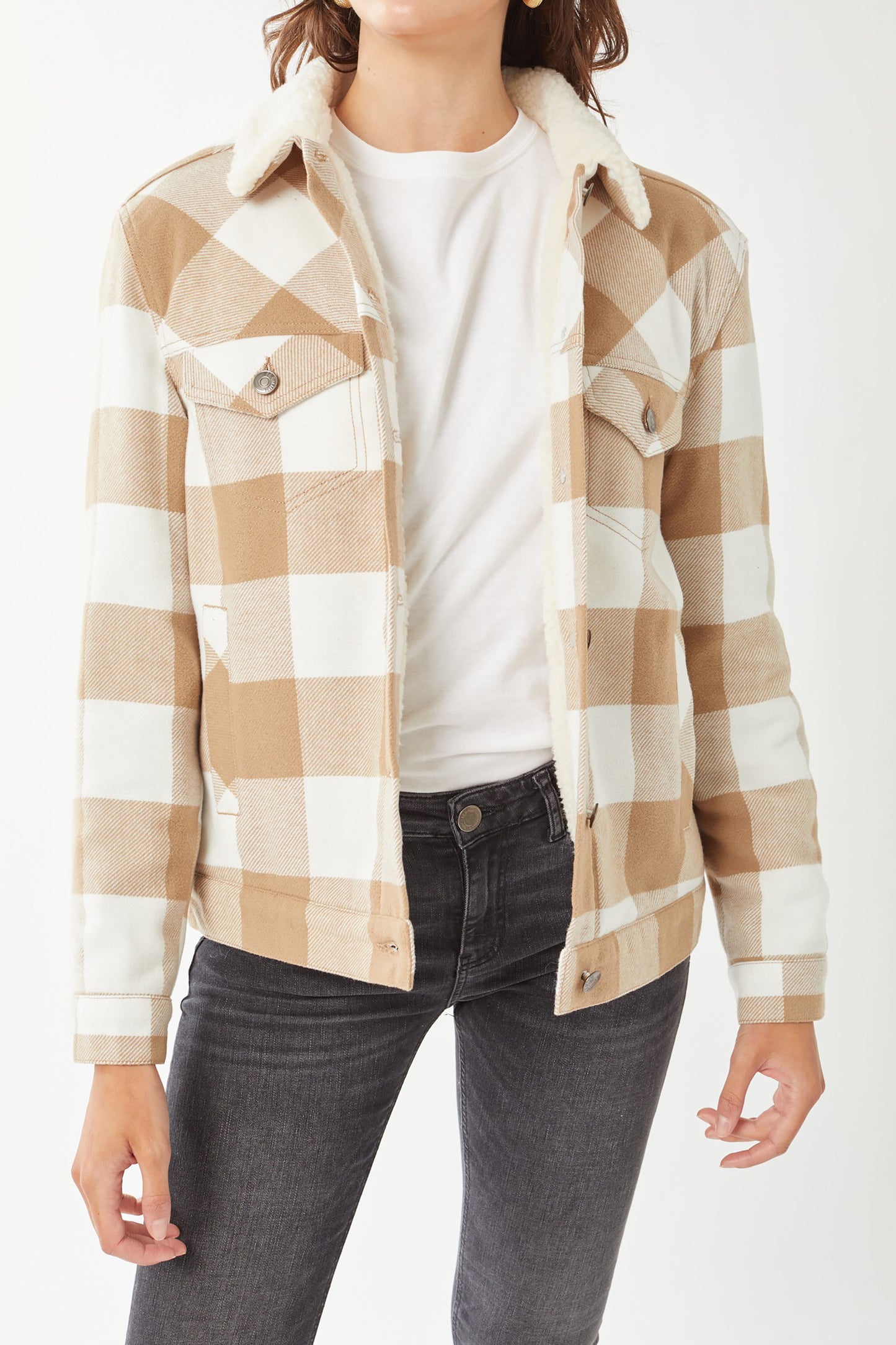 Women’s Faux Fur Plaid Jackets – Woven Plaid Button Down Sherpa Fleece Jacket LTJ8199