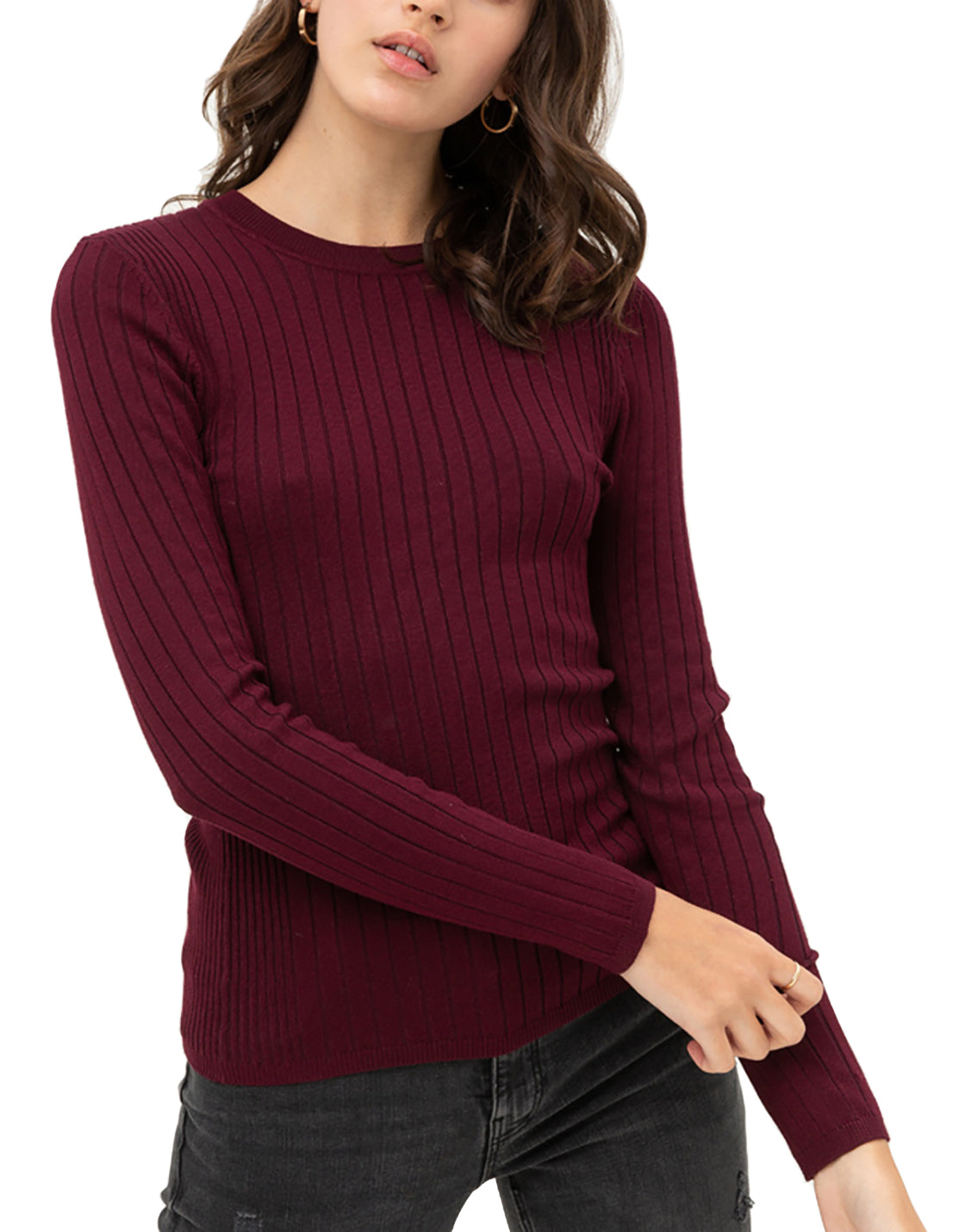 Women’s Pullover Slim Fit Ribbed Long Sleeve Sweater - Round Neck Basic Sweater Top